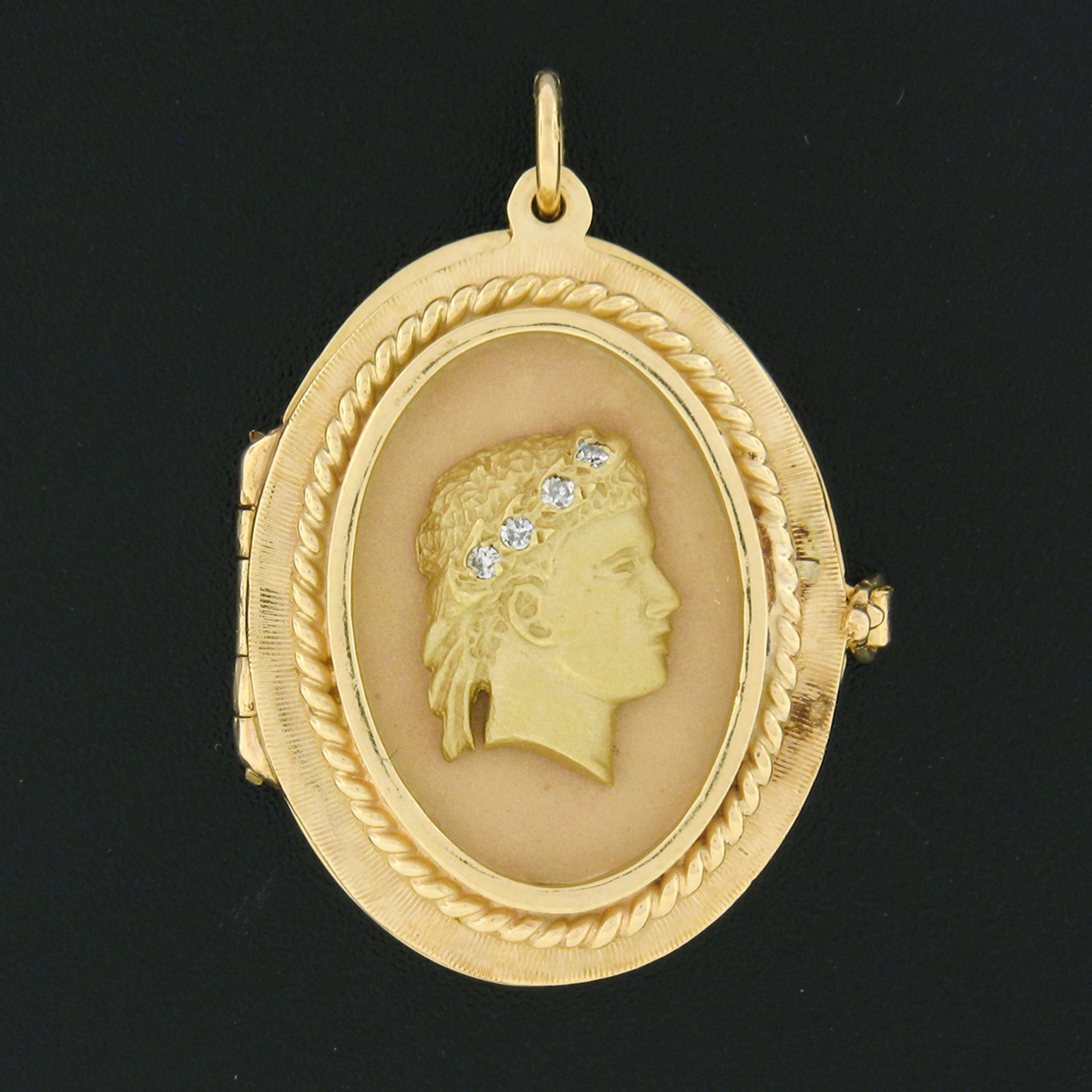 This outstanding vintage locket pendant is crafted in solid 14k yellow gold and features a well carved cameo in matte finish at its center. The detailed cameo shows a portrait of a male wearing a crown that is lined with fine diamonds. The single