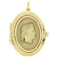 Vintage 14k Gold Male Cameo Matte Finish Diamond Crown 4 Photo Locket Pendant