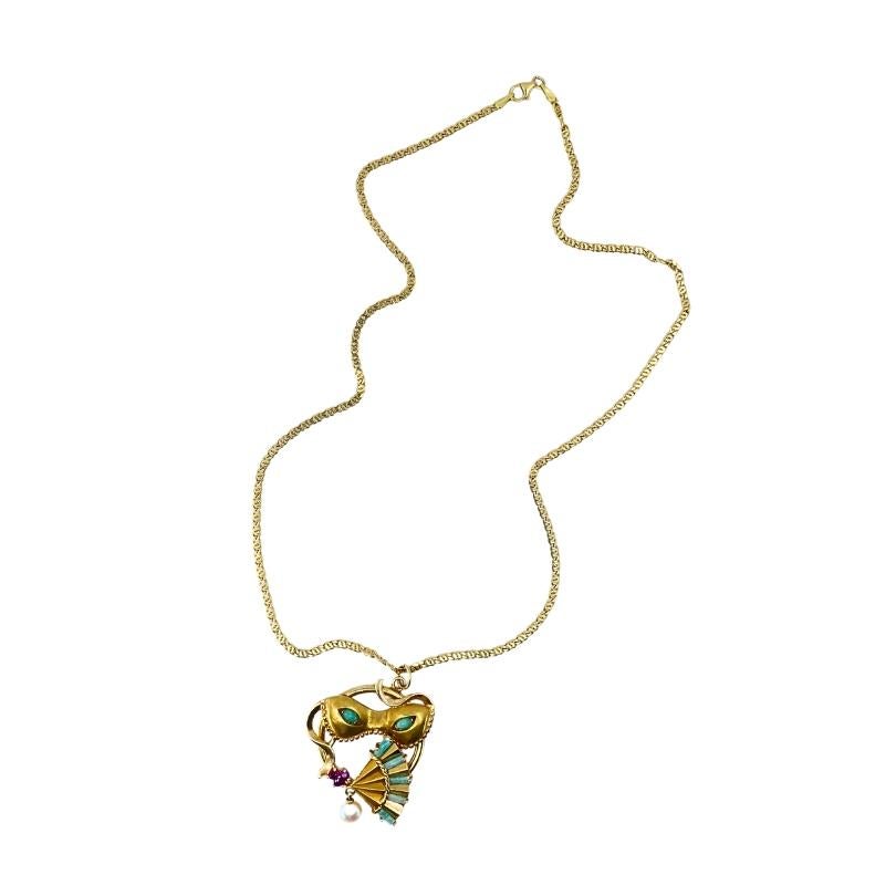 da uomo o donna Ciondolo mascherato d'epoca in oro 14k Collana a catena in oro 18k in vendita