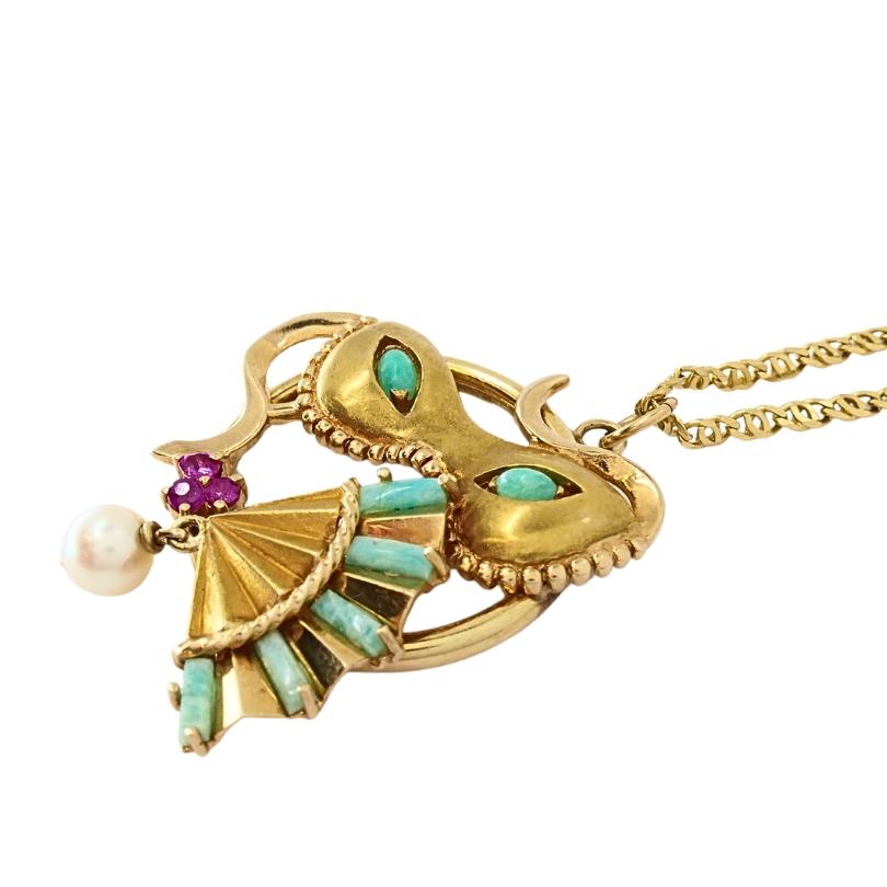 Ciondolo mascherato d'epoca in oro 14k Collana a catena in oro 18k in vendita 3