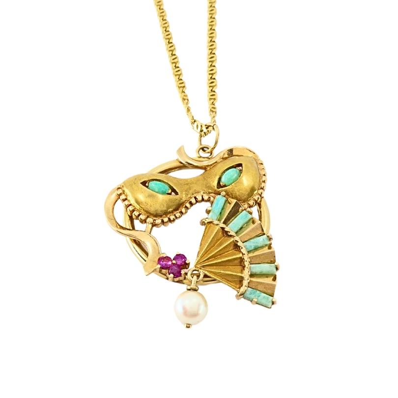 Ciondolo mascherato d'epoca in oro 14k Collana a catena in oro 18k in vendita 5