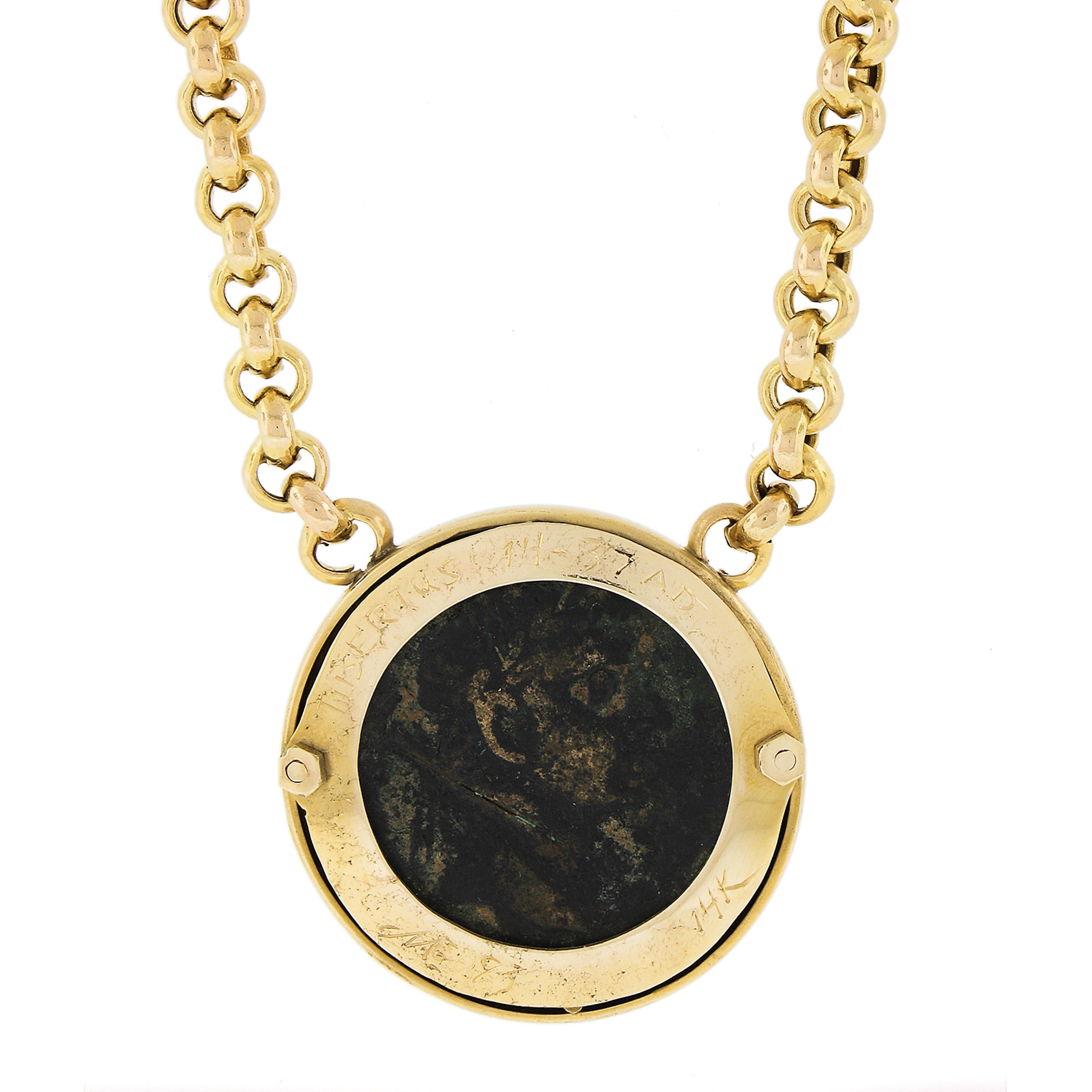 Material: Solid 14K Yellow Gold Pendant Frame & Chain w/ Metal Coin
Total Weight: 36.33 Grams
Pendant Diameter:	32.3mm (1.2