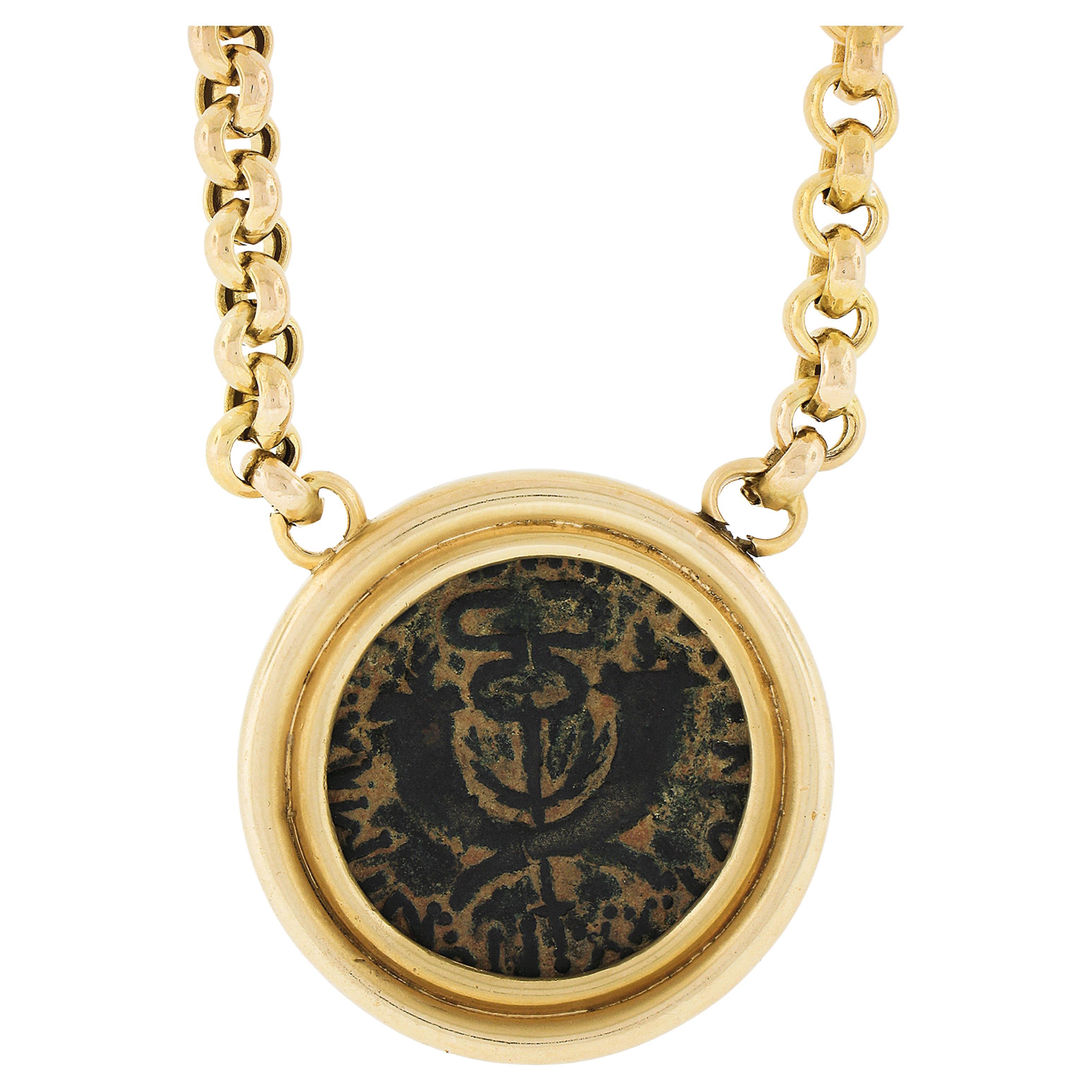 Vintage 14k Gold & Metal Ancient Tiberius Coin Pendant on 16" Rolo Link Necklace For Sale
