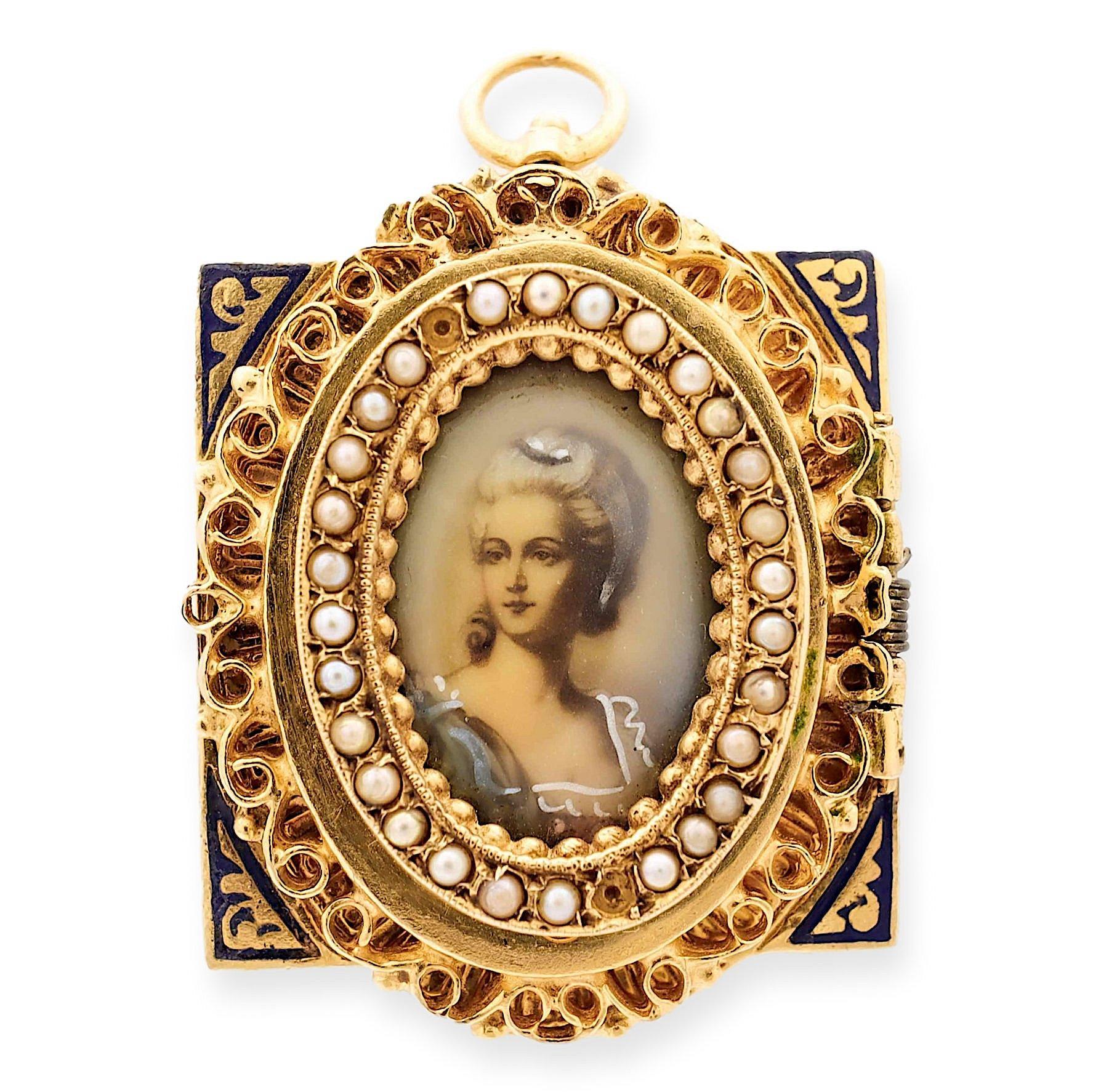 Women's Vintage 14K Gold Mini Portrait Painting Tassel Hidden Watch Bracelet For Sale