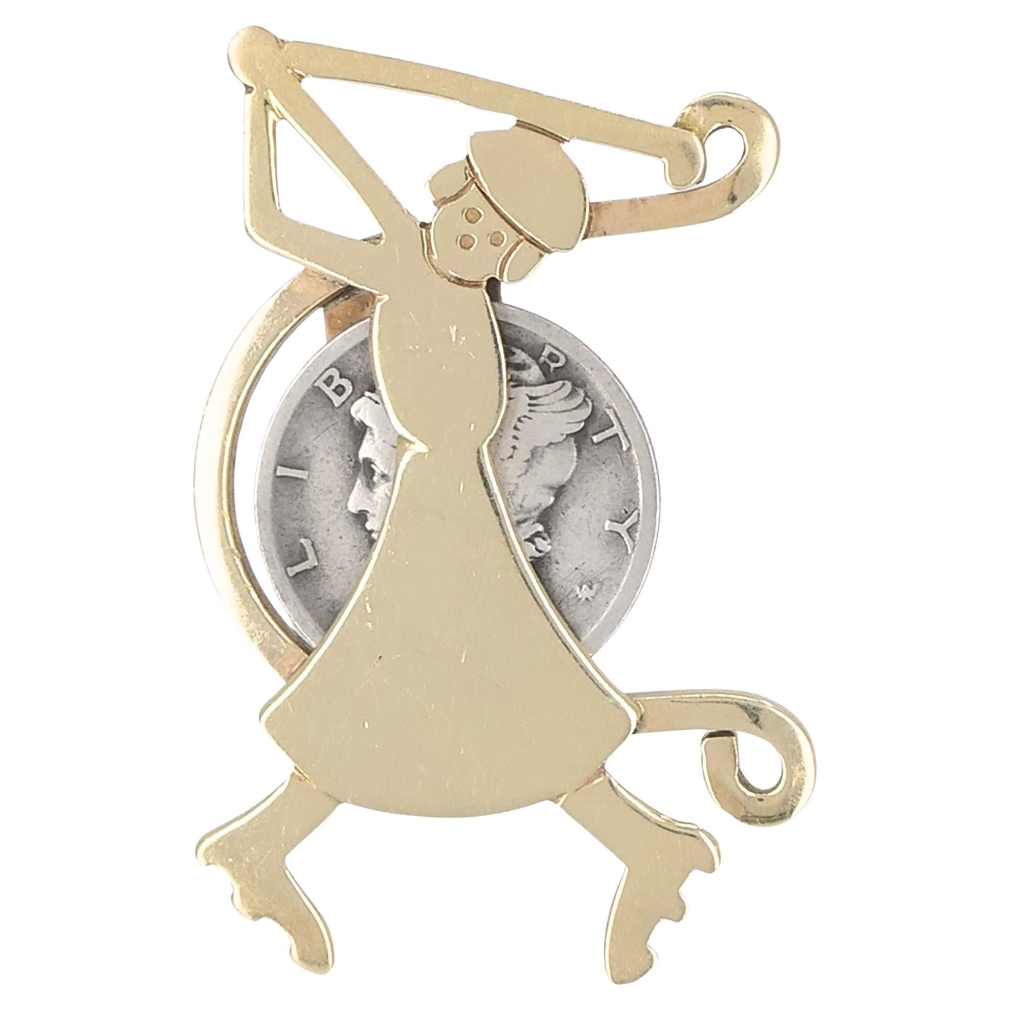 Vintage 14K Gold Monsco Golfer Brosche mit Mercury Dime, Mitte des Jahrhunderts im Angebot