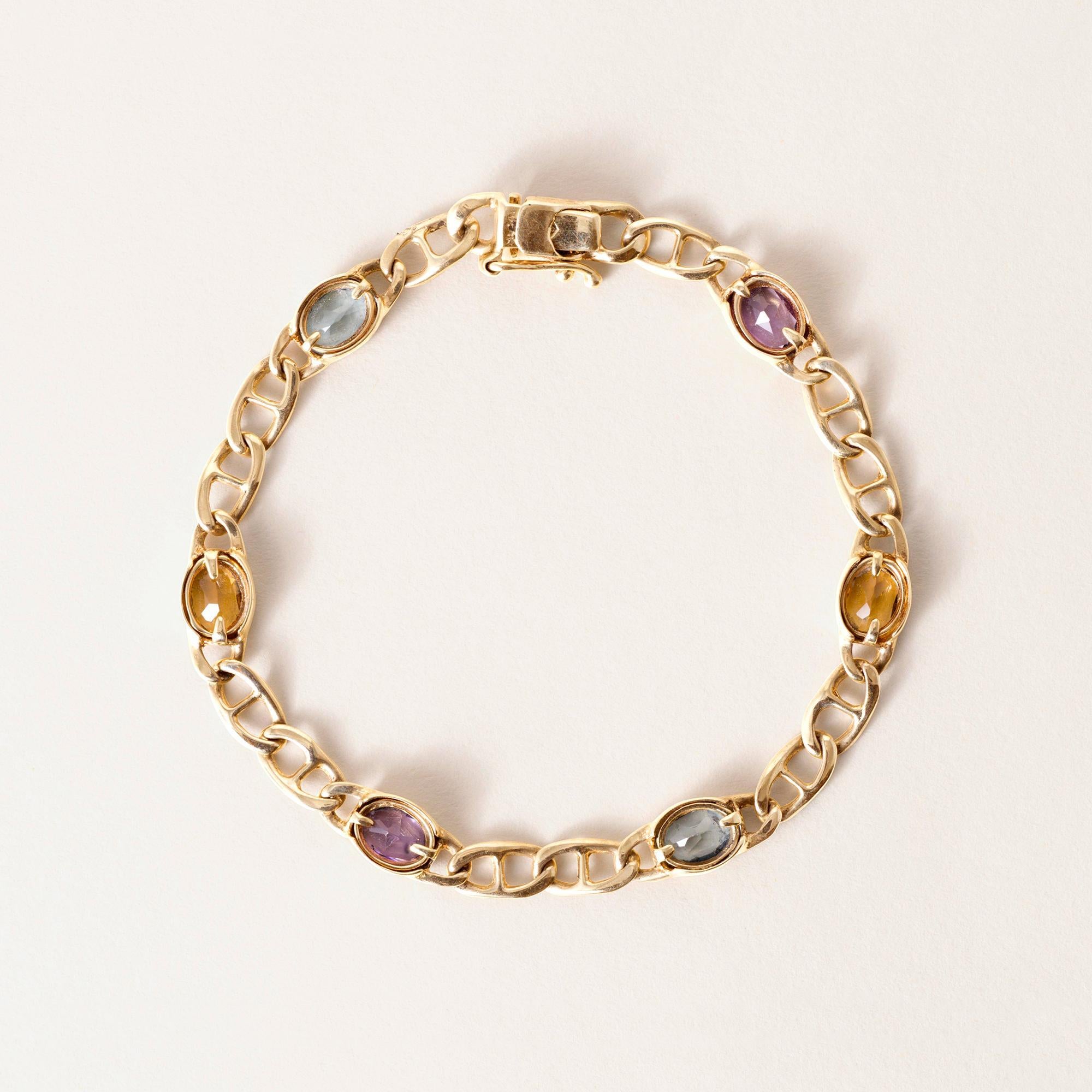 Pulsera de eslabones con bisel de múltiples piedras preciosas de oro de 14 quilates vintage Moderno en venta