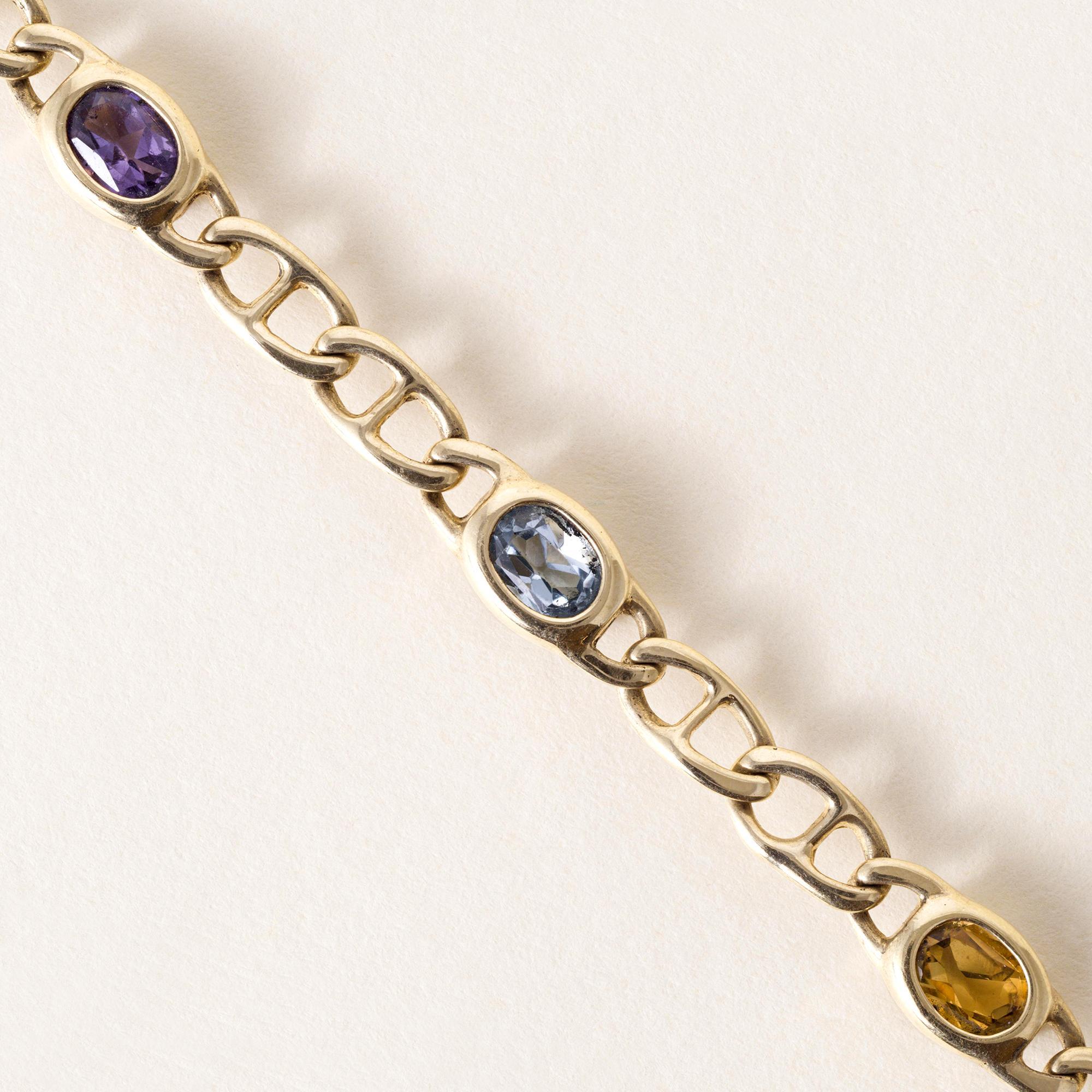Pulsera de eslabones con bisel de múltiples piedras preciosas de oro de 14 quilates vintage Corte oval en venta