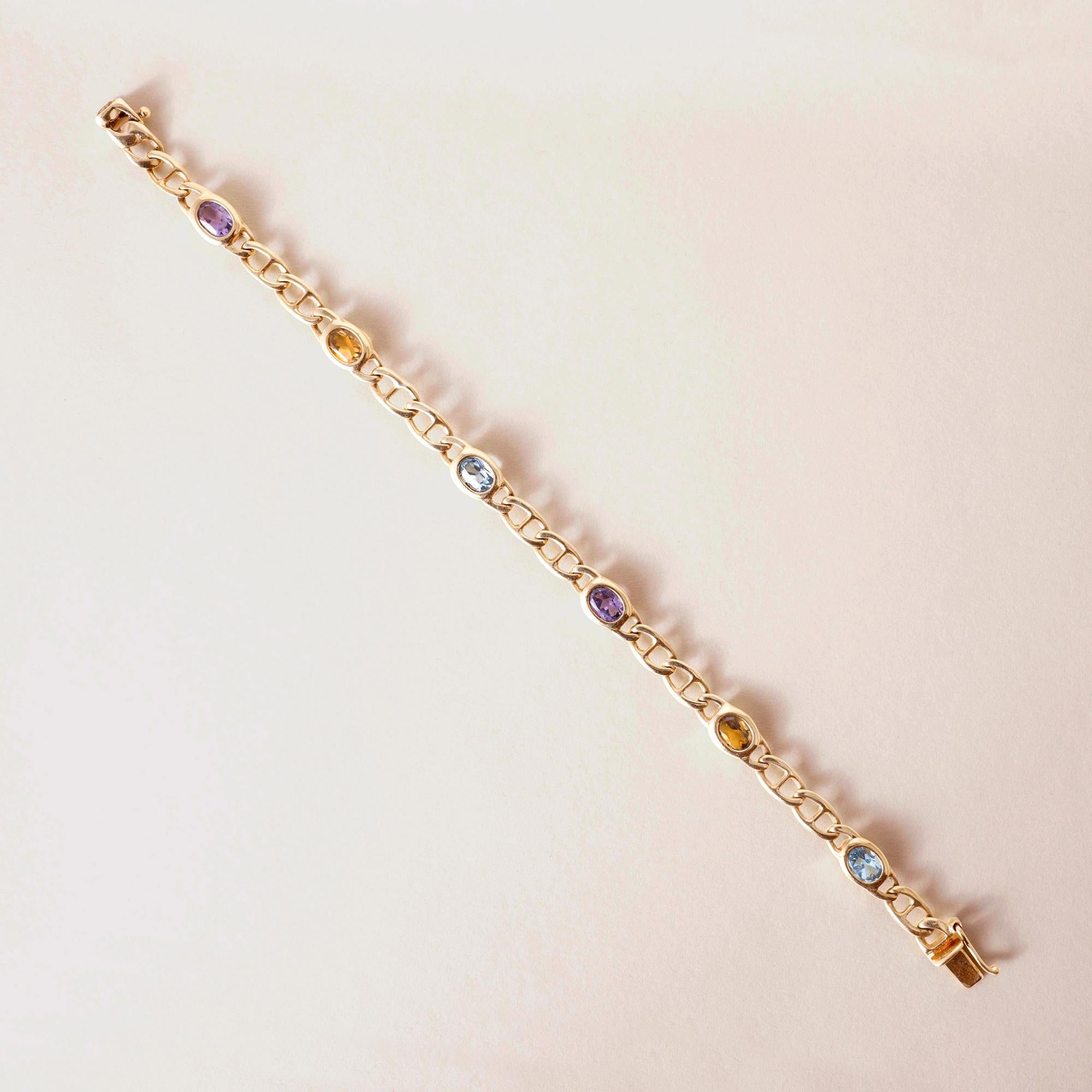 Pulsera de eslabones con bisel de múltiples piedras preciosas de oro de 14 quilates vintage en Bueno estado para la venta en Los Angeles, CA
