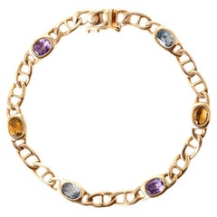 Vintage 14K Gold Multi Gemstone Bezel Curb Chain Link Bracelet