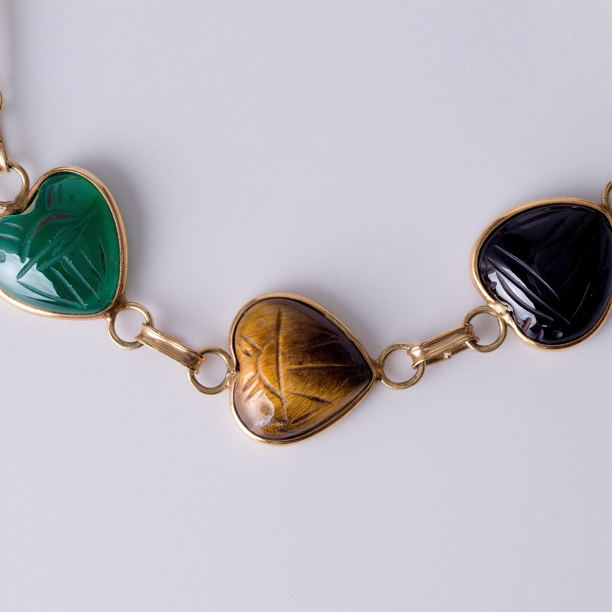 Modern Vintage 14k Gold Multi-Gemstone Scarab Heart Bracelet - Onyx, Carnelian For Sale