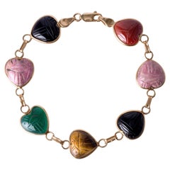 Vintage 14k Gold Multi-Gemstone Scarab Heart Bracelet - Onyx, Carnelian