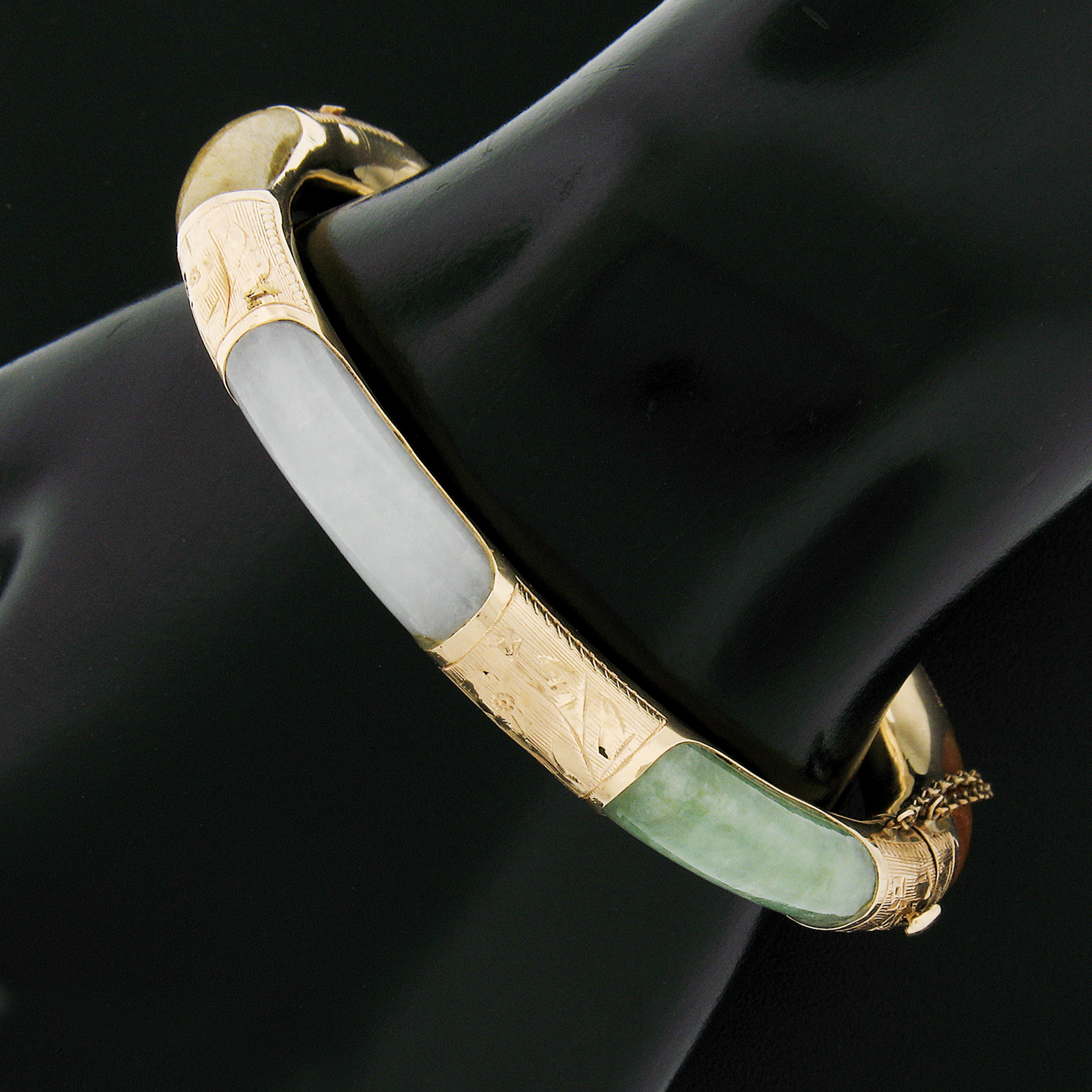 Round Cut Vintage 14k Gold Multicolor Curved Rounded Jade Engraved Hinged Bangle Bracelet For Sale