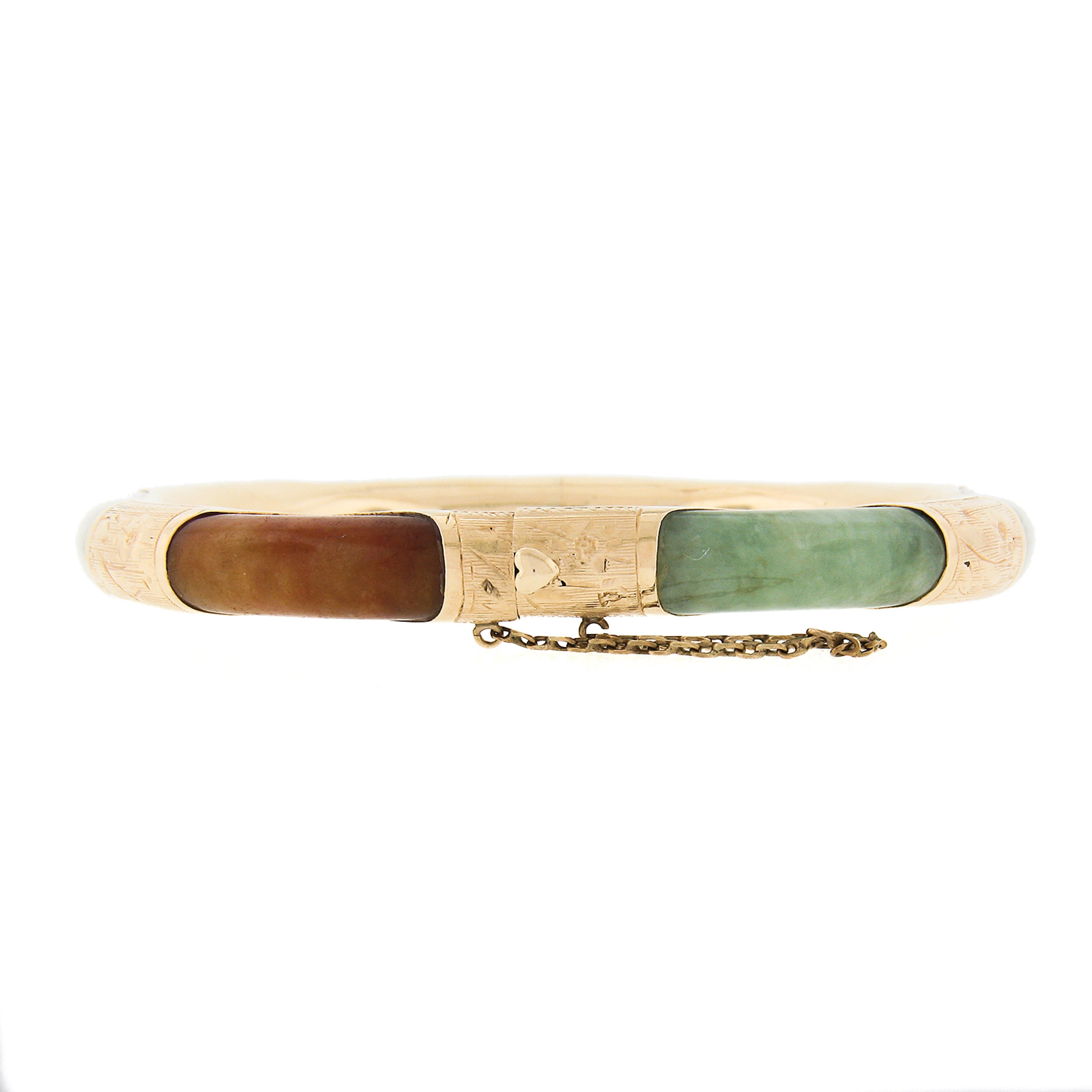 Women's Vintage 14k Gold Multicolor Curved Rounded Jade Engraved Hinged Bangle Bracelet For Sale