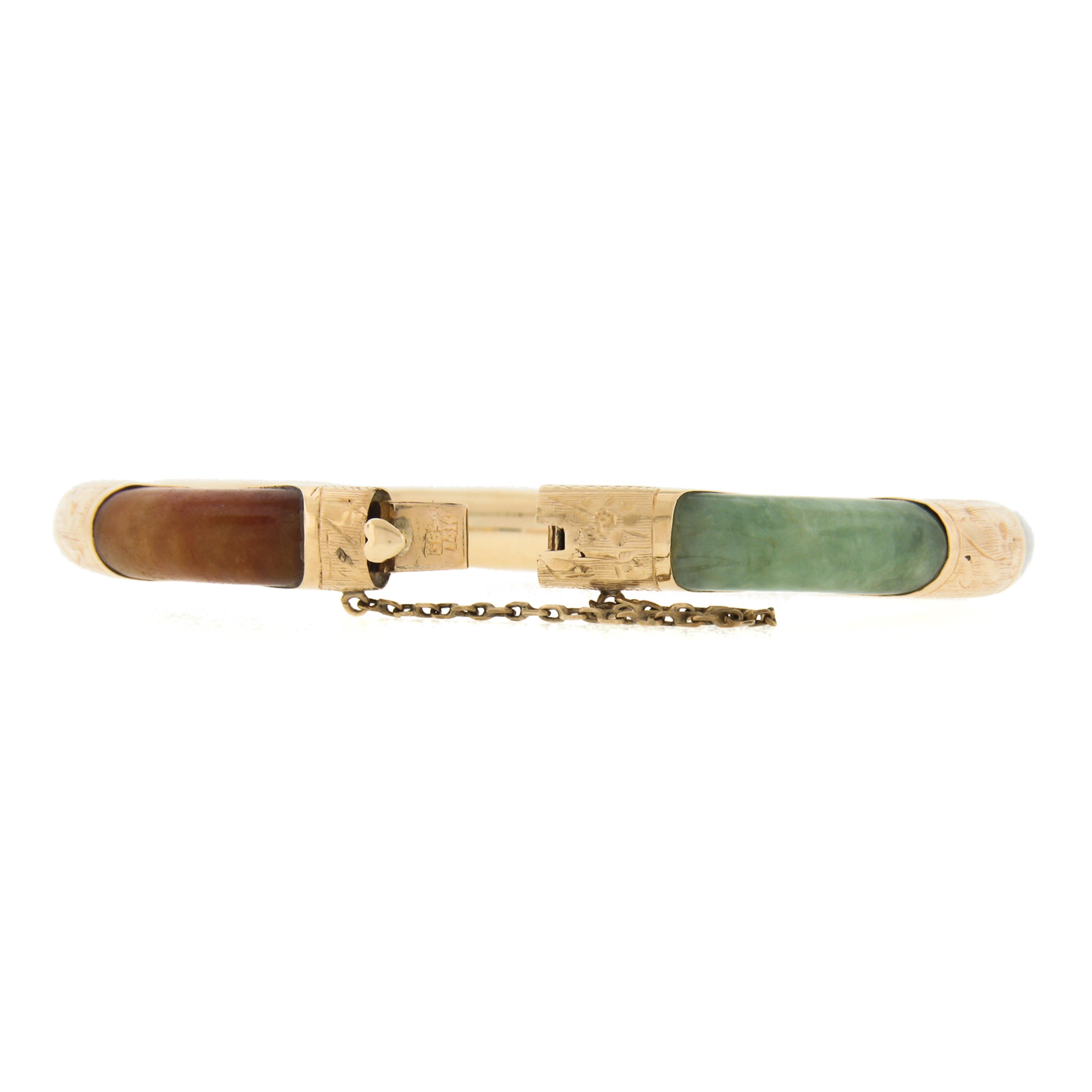 Vintage 14k Gold Multicolor Curved Rounded Jade Engraved Hinged Bangle Bracelet For Sale 1
