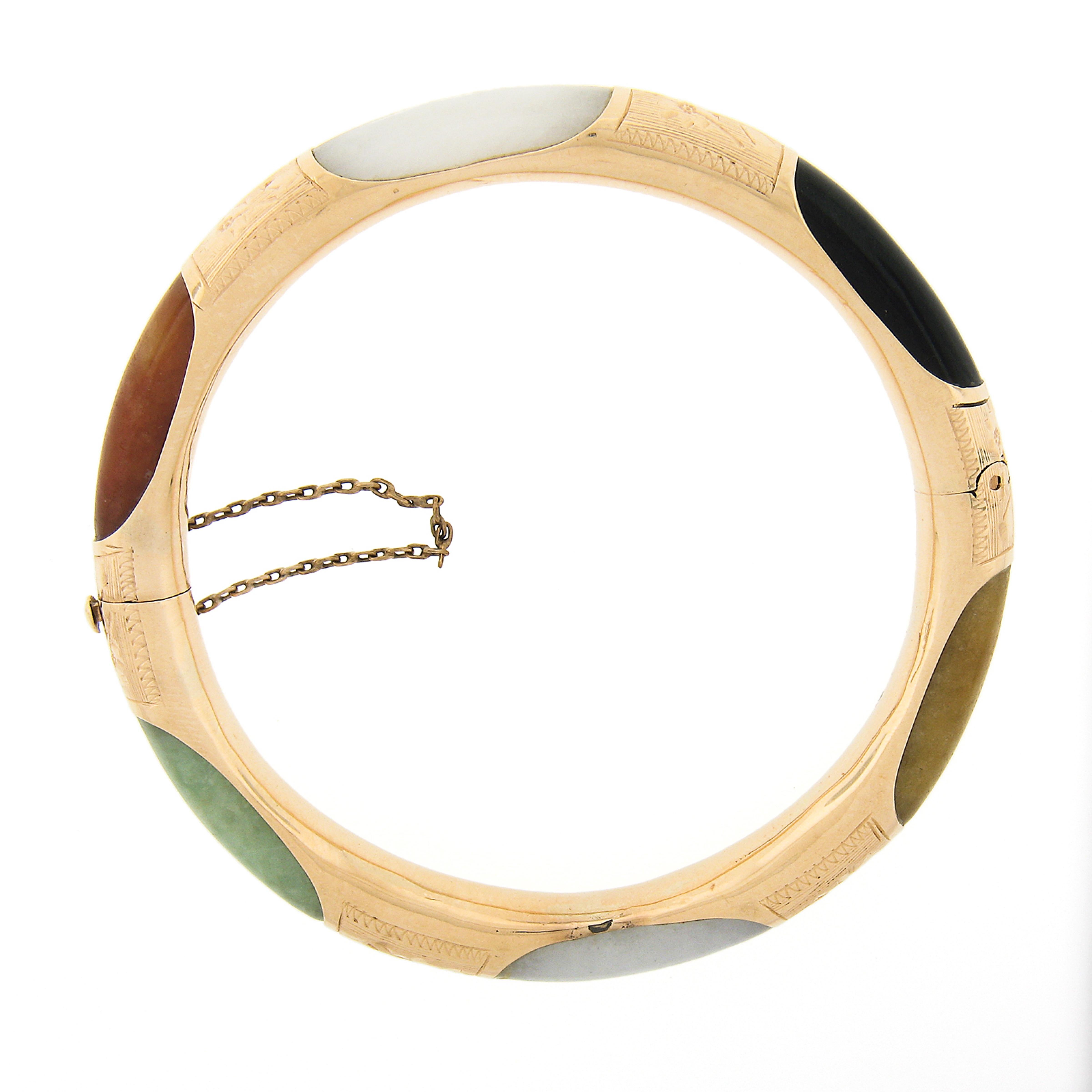 Vintage 14k Gold Multicolor Curved Rounded Jade Engraved Hinged Bangle Bracelet For Sale 2
