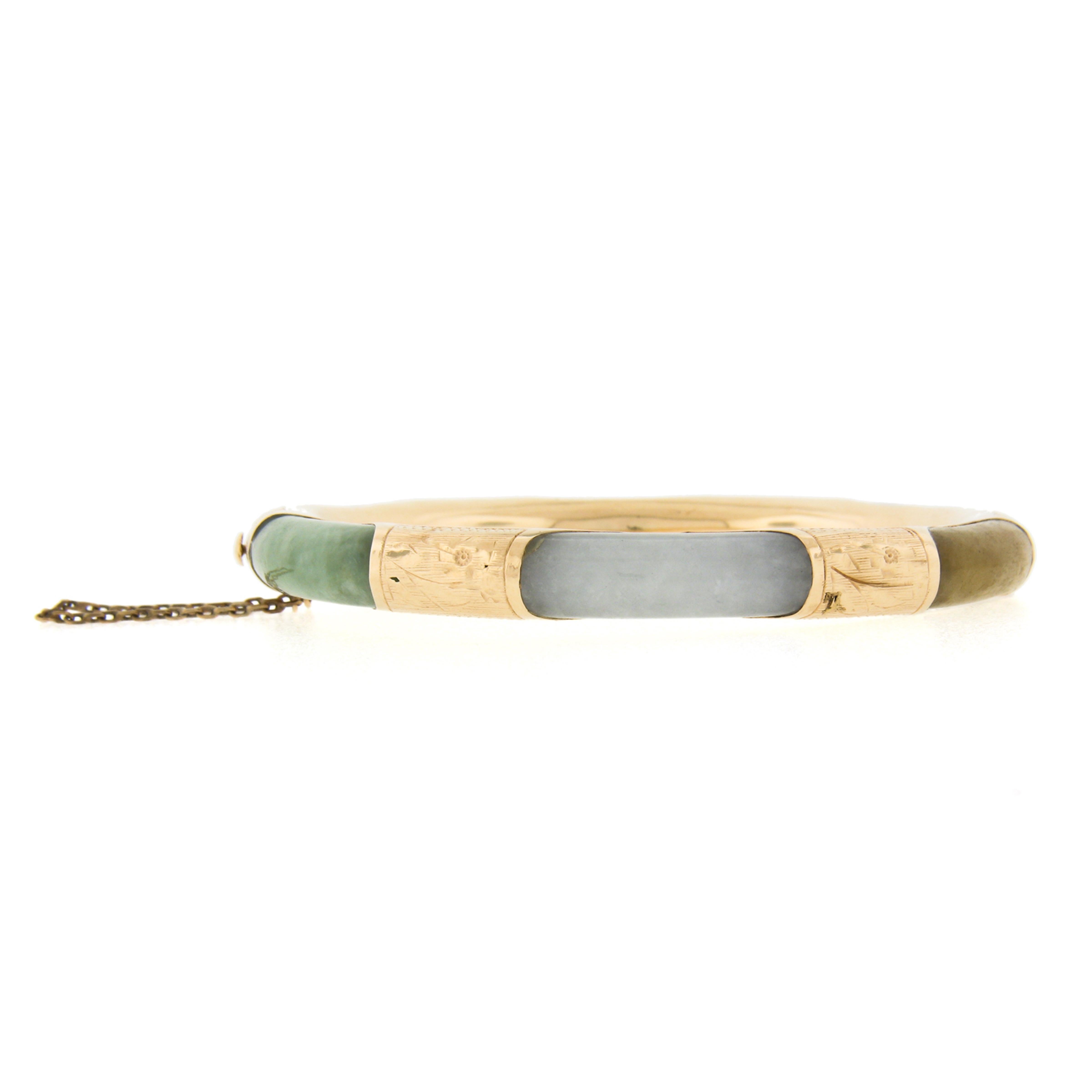 Vintage 14k Gold Multicolor gekrümmt gerundet Jade eingraviert Scharnier Armreif