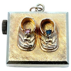 Vintage 14K Gold Music Box Charm Pendant with Baby Shoe Design