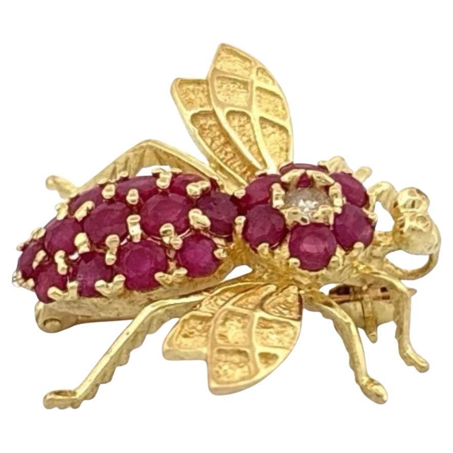 Vintage 14K Gold Natural 0.95ctw Ruby & Diamond Bee Brooch