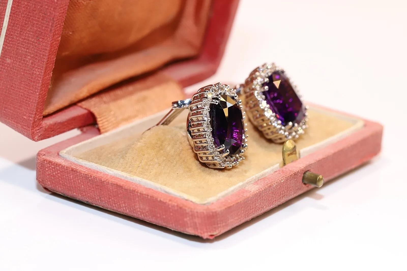 Retro Vintage 14k Gold Natural Diamond And Amethyst Decorated Strong Earring  For Sale