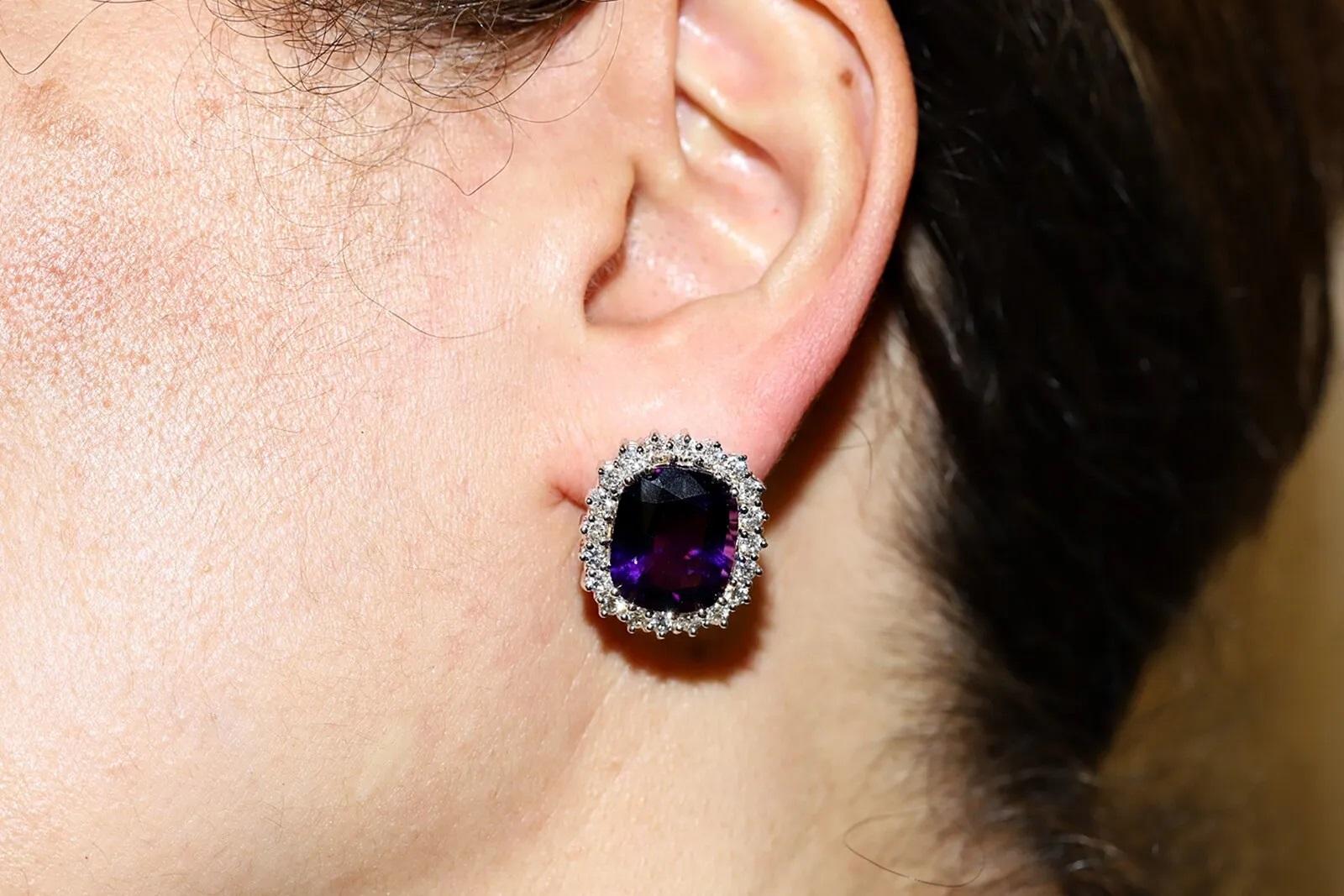 Vintage 14k Gold Natural Diamond And Amethyst Decorated Strong Earring  For Sale 3