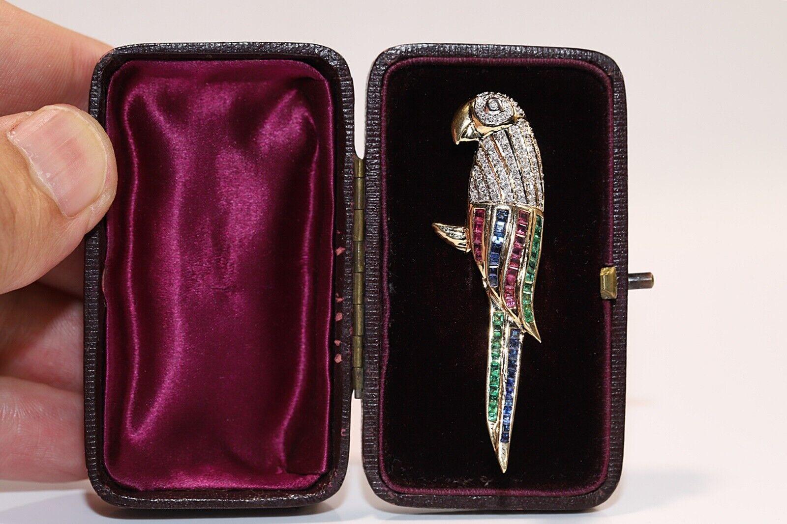 Vintage  14k Gold Natural Diamond And Emerald Sapphire Ruby Bird Brooch 4