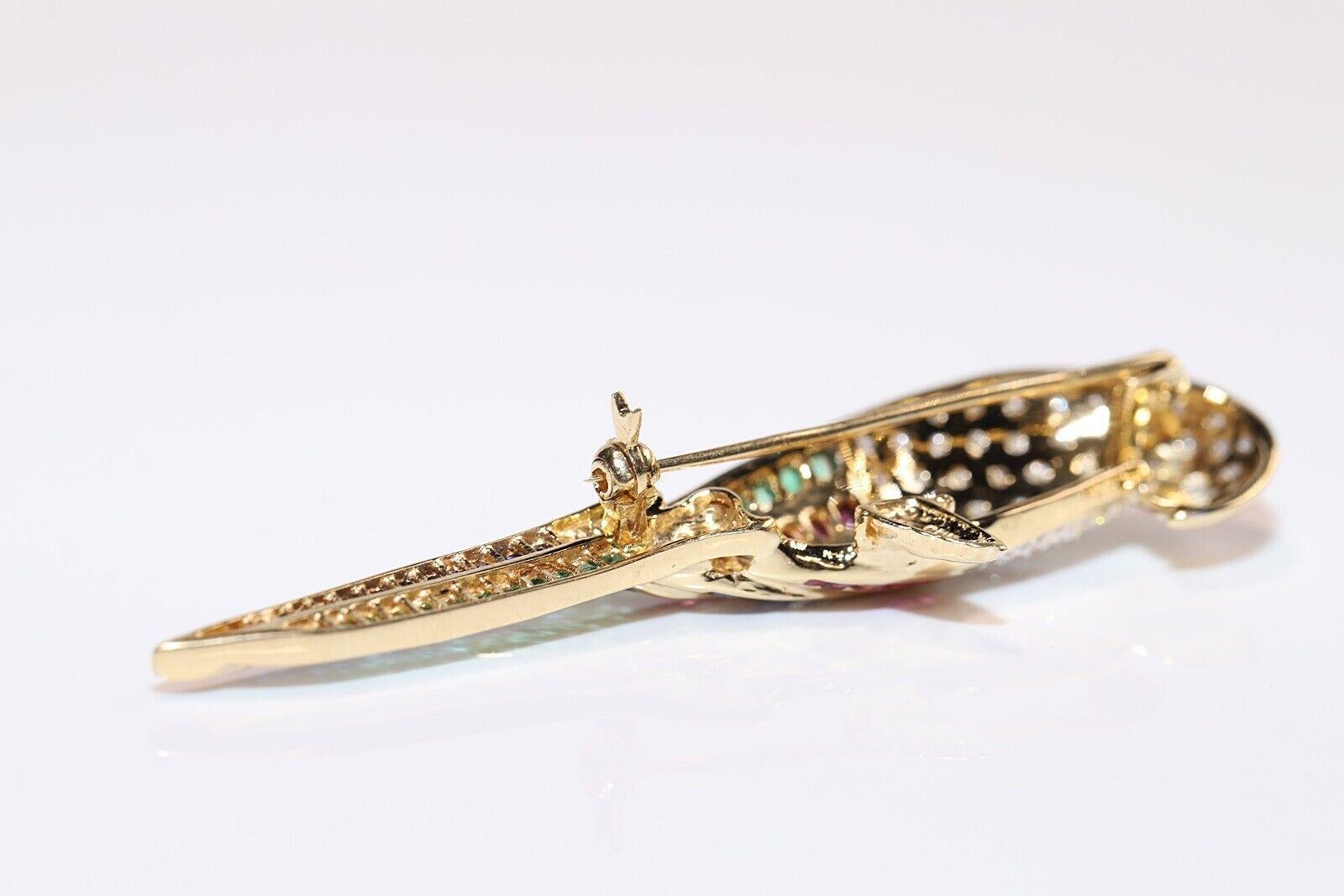Women's Vintage  14k Gold Natural Diamond And Emerald Sapphire Ruby Bird Brooch