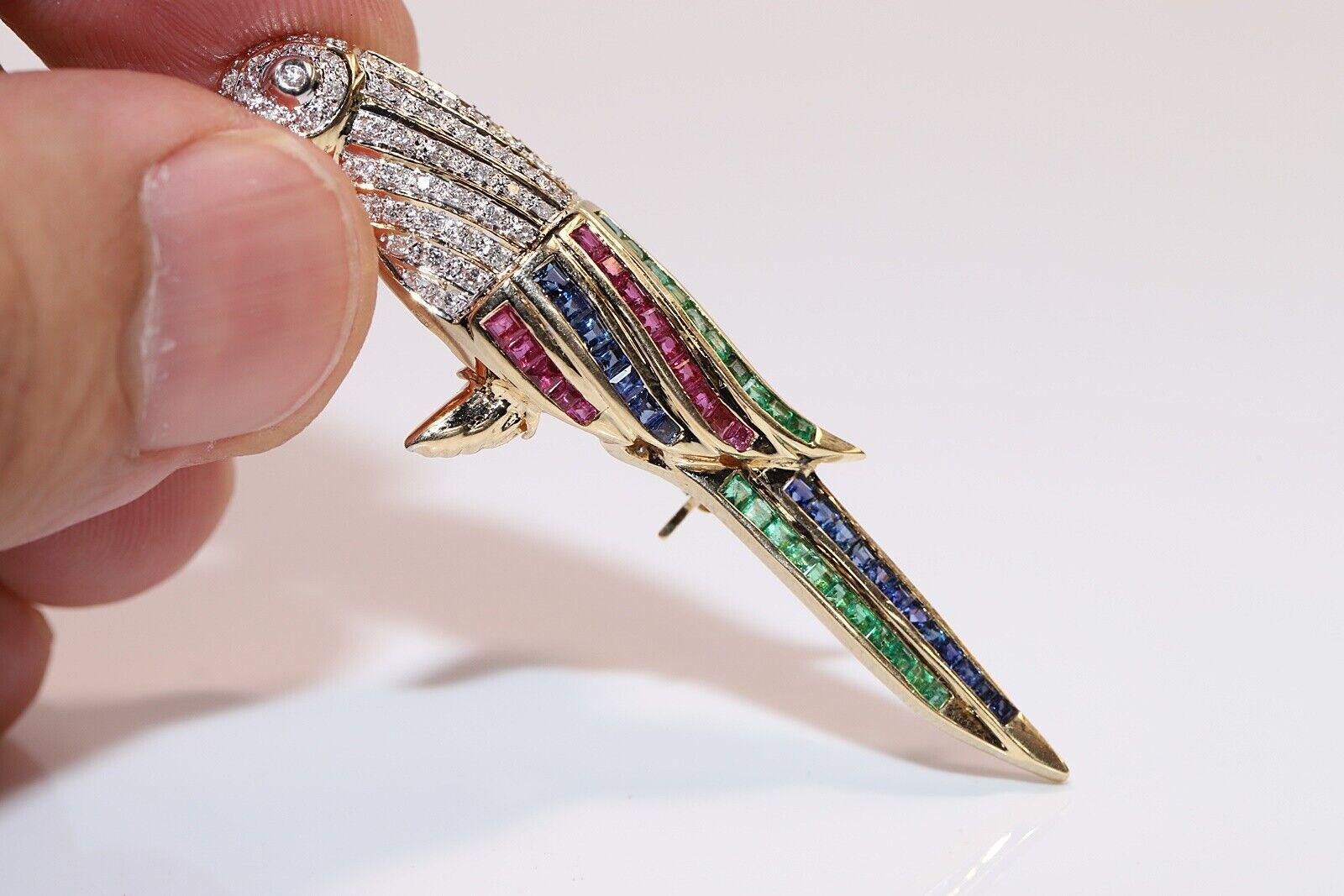 Vintage  14k Gold Natural Diamond And Emerald Sapphire Ruby Bird Brooch 3