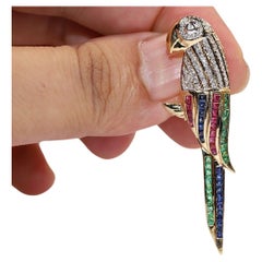 Vintage  14k Gold Natural Diamond And Emerald Sapphire Ruby Bird Brooch