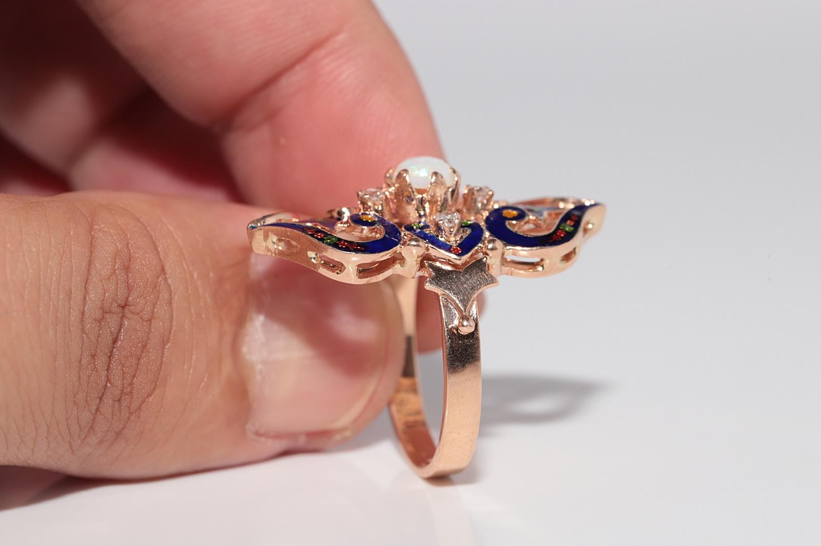 Vintage 14k Gold natürlichen Diamanten und Opal dekoriert Emaille-Ring im Angebot 7