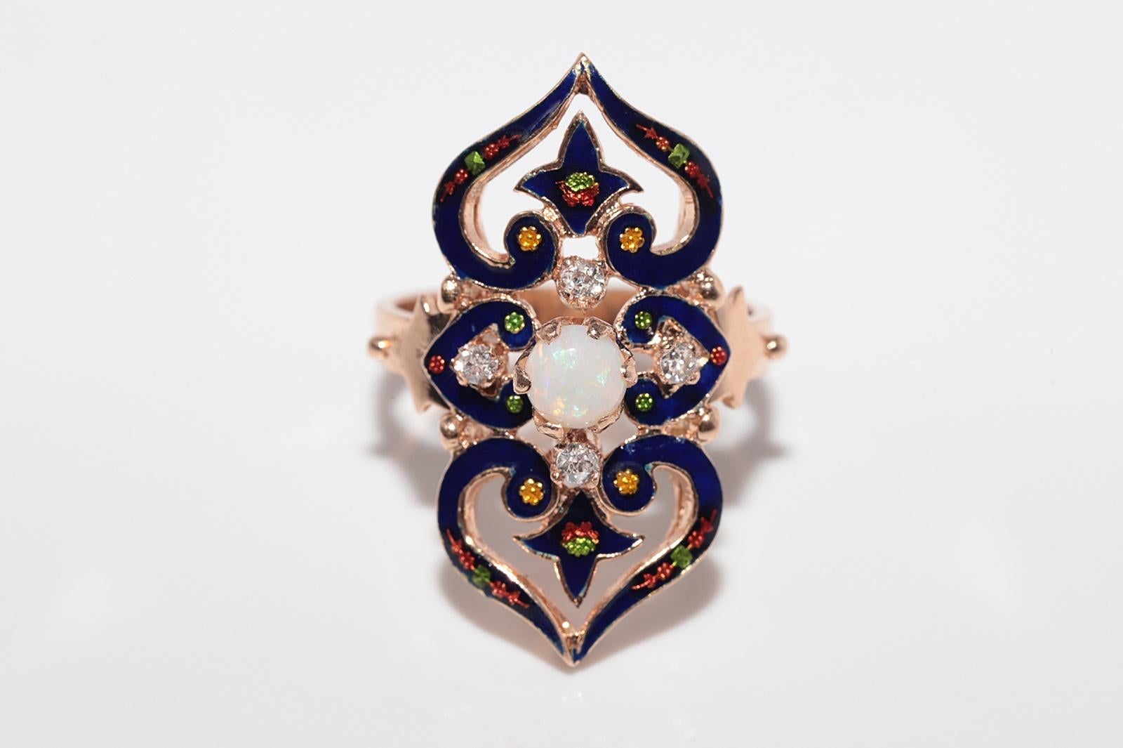 Vintage 14k Gold natürlichen Diamanten und Opal dekoriert Emaille-Ring im Angebot 8