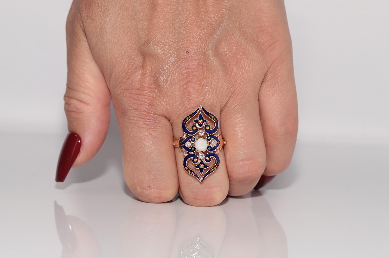 Vintage 14k Gold natürlichen Diamanten und Opal dekoriert Emaille-Ring (Retro) im Angebot