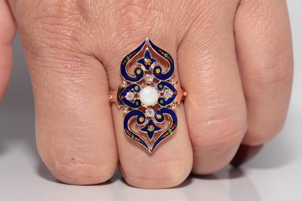Vintage 14k Gold natürlichen Diamanten und Opal dekoriert Emaille-Ring (Brillantschliff) im Angebot