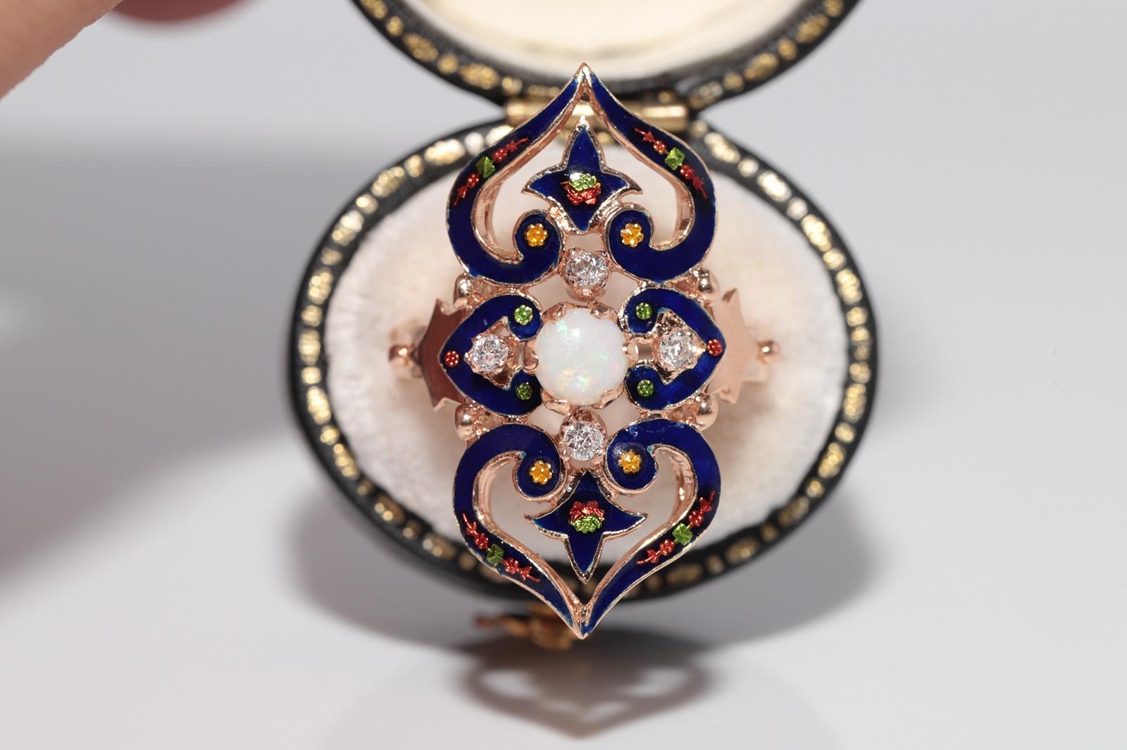 Vintage 14k Gold natürlichen Diamanten und Opal dekoriert Emaille-Ring Damen im Angebot