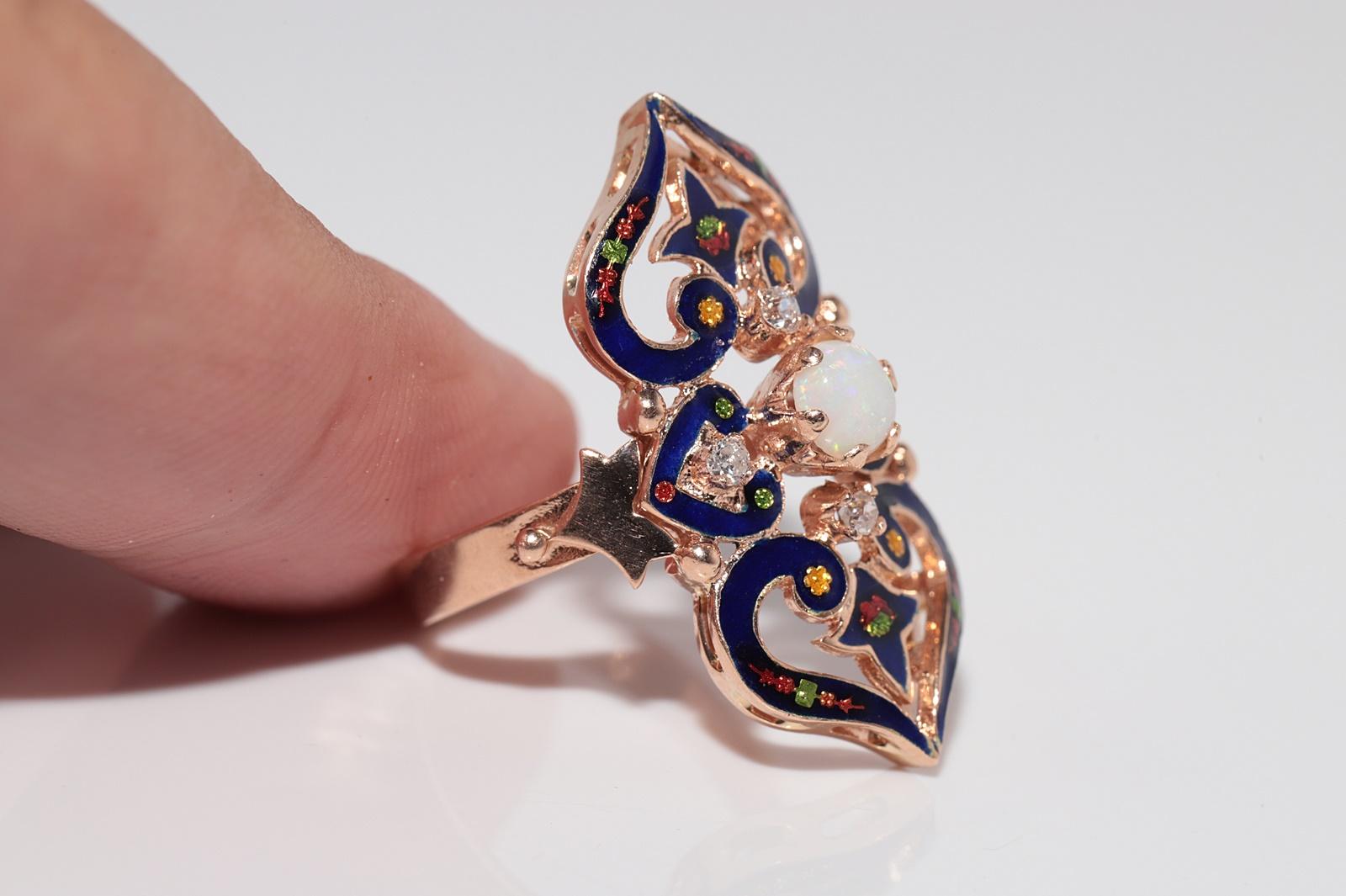 Vintage 14k Gold natürlichen Diamanten und Opal dekoriert Emaille-Ring im Angebot 2