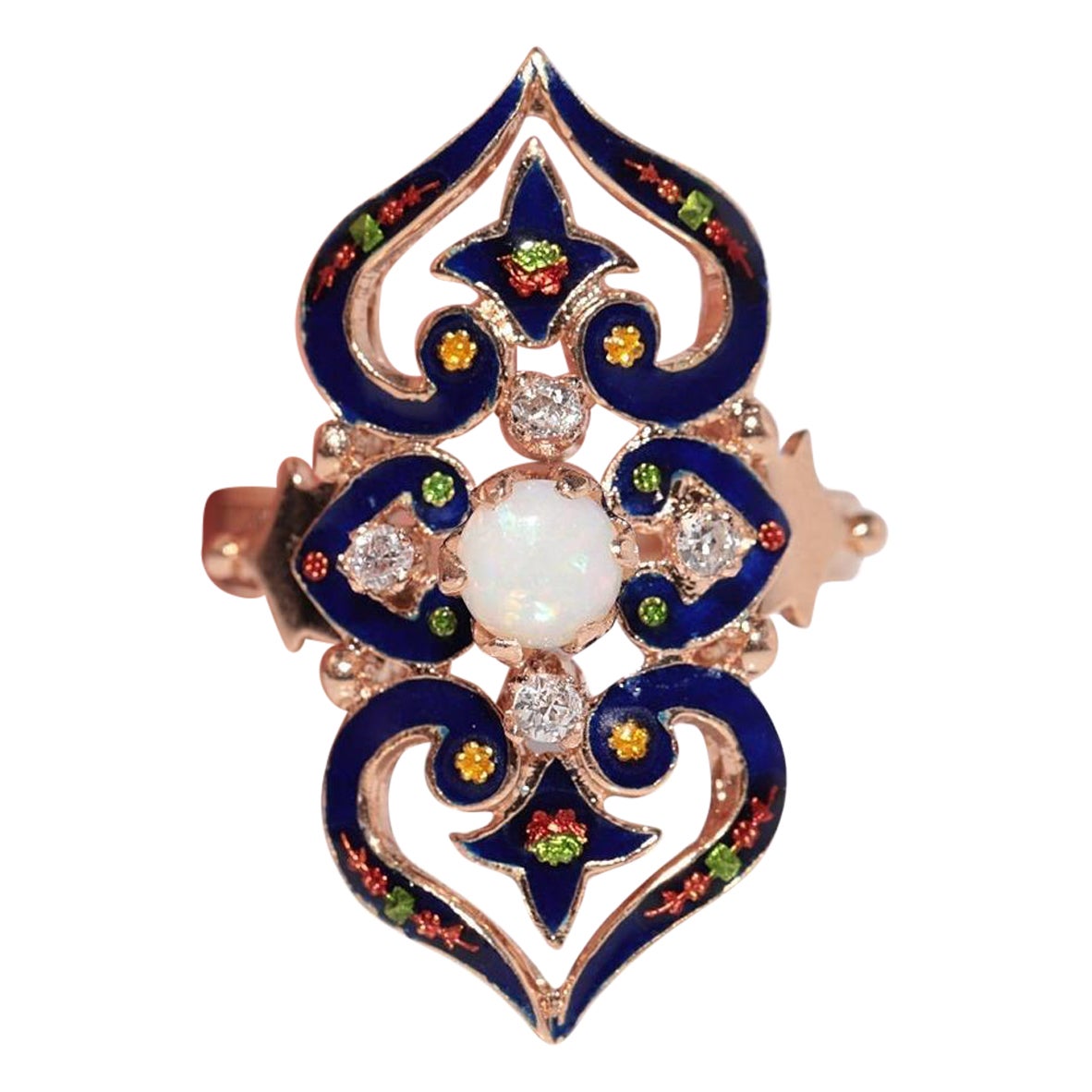 Vintage 14k Gold natürlichen Diamanten und Opal dekoriert Emaille-Ring