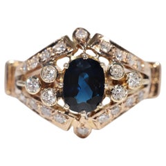 Anillo vintage de oro de 14k con diamante natural y zafiro talla oval