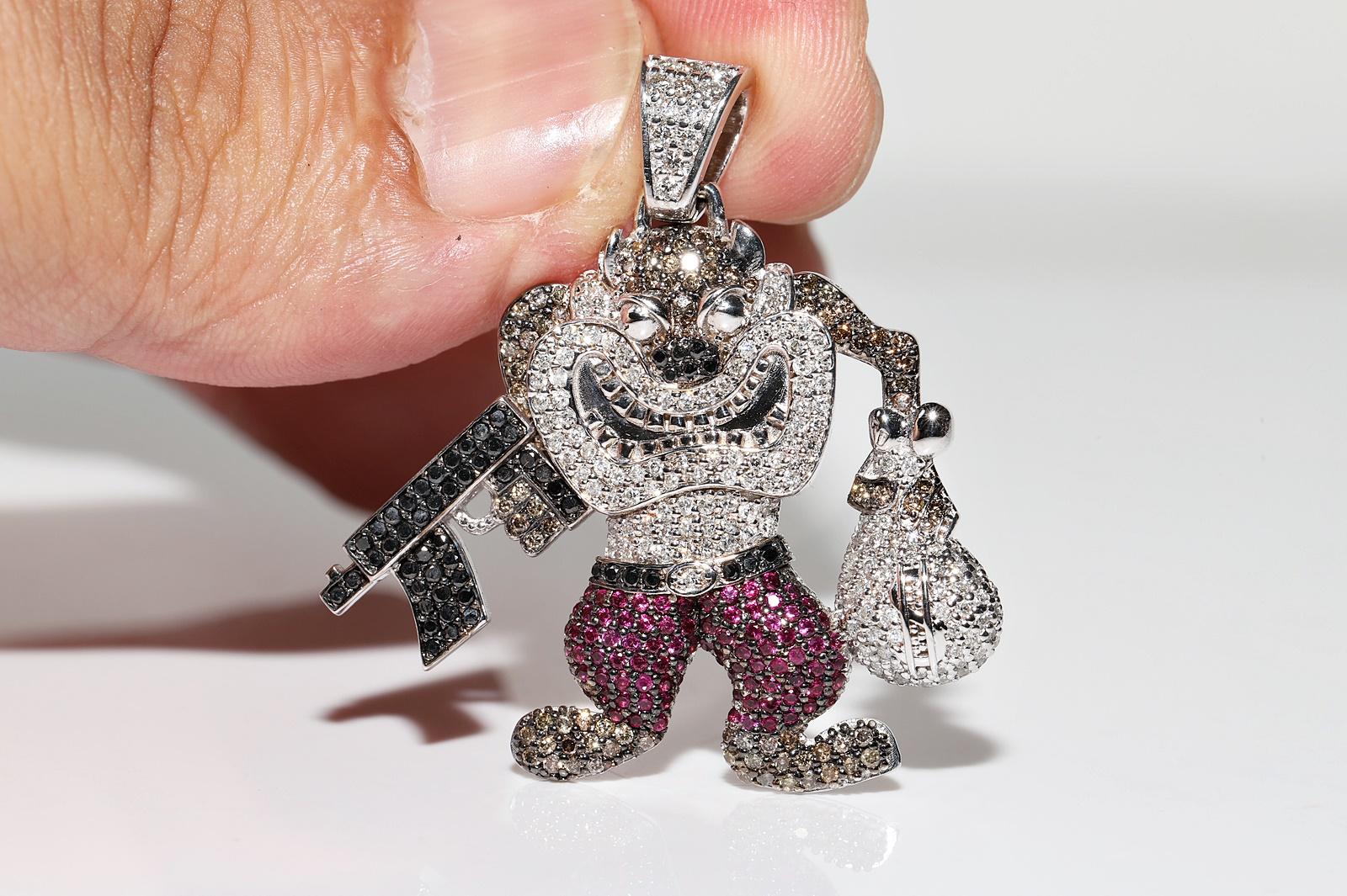 In very good condition.
Total weight is 16.6 grams.
Totally is white diamond 1.25 ct.
The diamond is has H-I-J color and s1-s2-s3 clarity.
Totally is black diamond 0.50 ct.
Totally is ruby 0.65 ct.
Please contact for any questions.