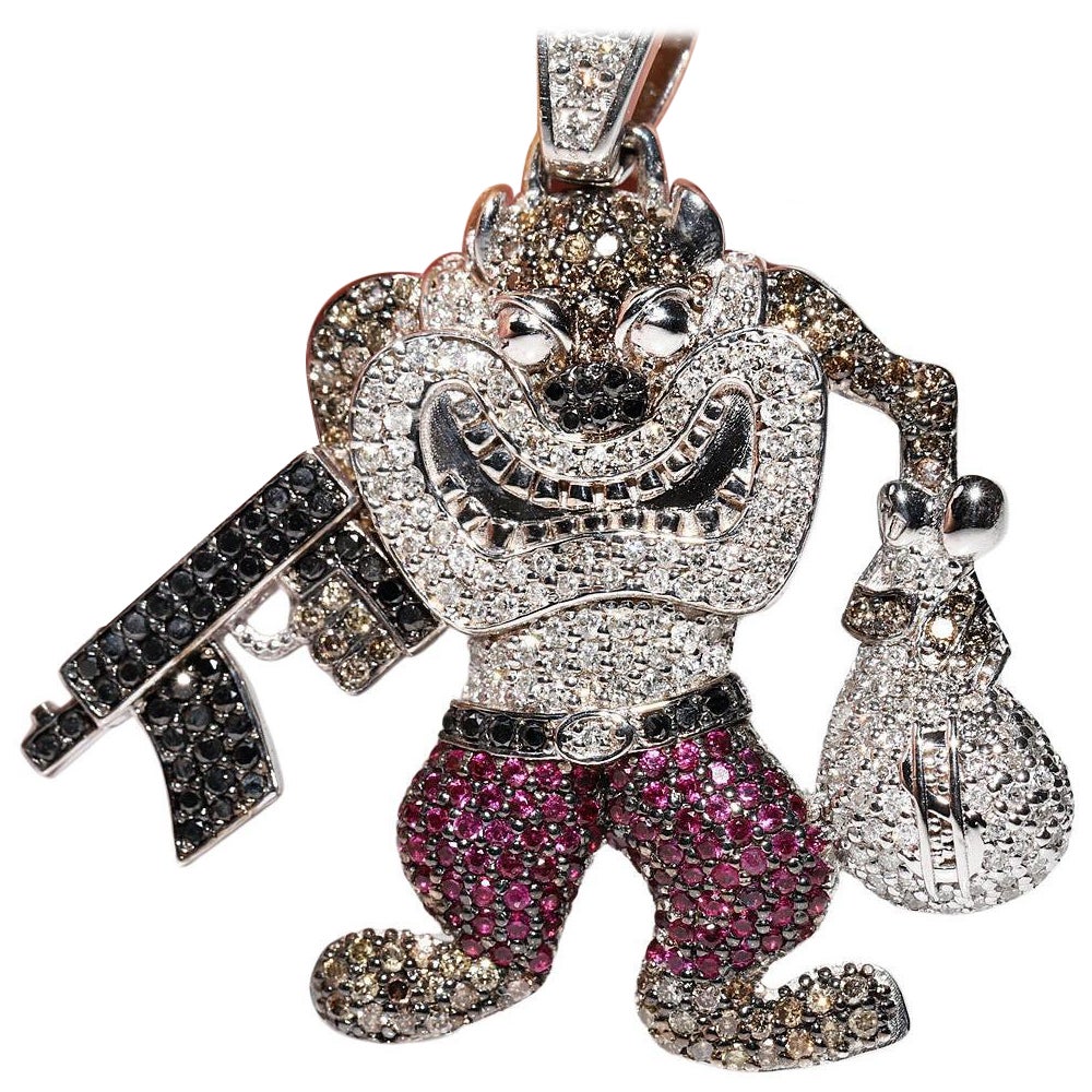 Vintage 14k Gold Natural Diamond And Ruby Tasmanian Devil Pendant For Sale