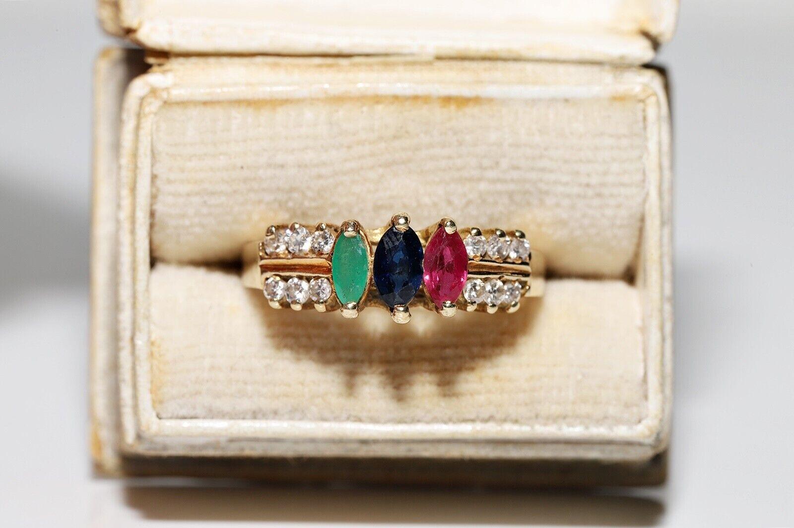 In very good condition.
Total weight is 3.5 grams.
Totally is  about 0.25 ct diamond.
The diamond is has vs-s1 clarity and H color.
All totally 0.55 ct Emerald and Sapphire and Ruby.
Ring size is 6.5 US .
We can make any size.(We offer free