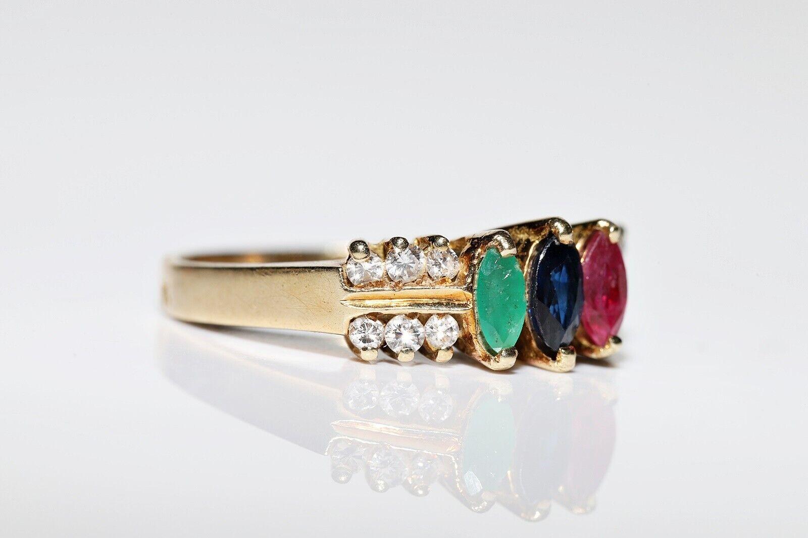 Brilliant Cut Vintage 14k Gold Natural Diamond And Sapphire And Ruby And Emerald Ring  For Sale