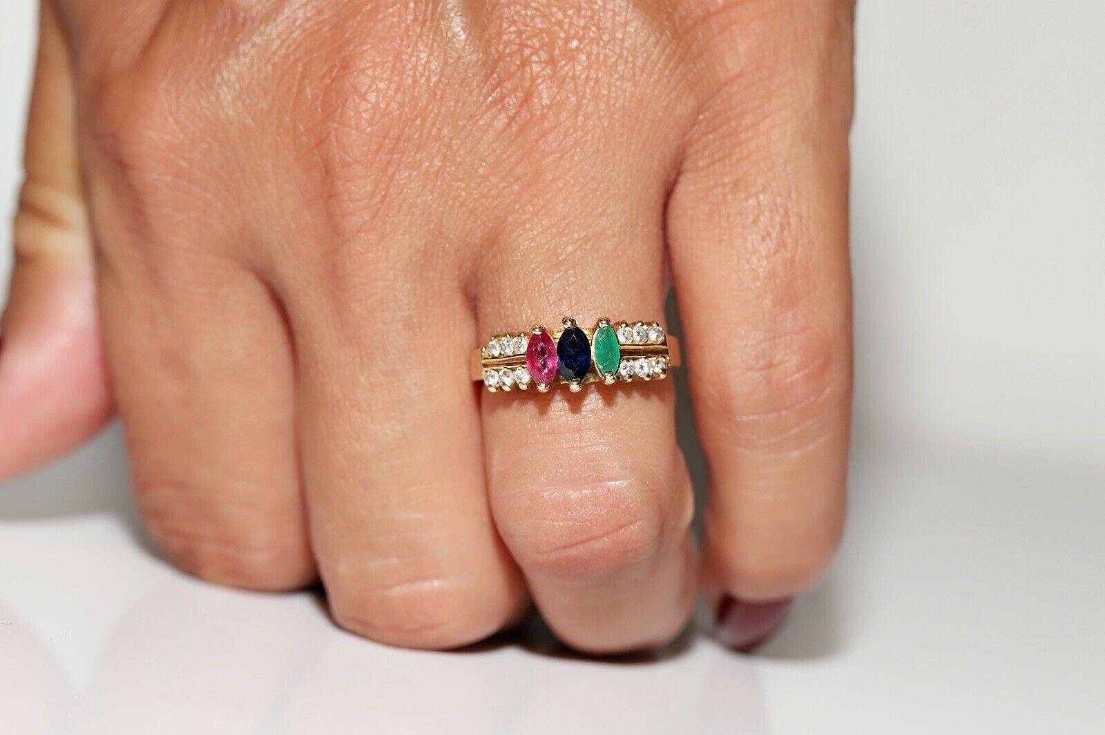 Vintage 14k Gold Natural Diamond And Sapphire And Ruby And Emerald Ring For Sale 1