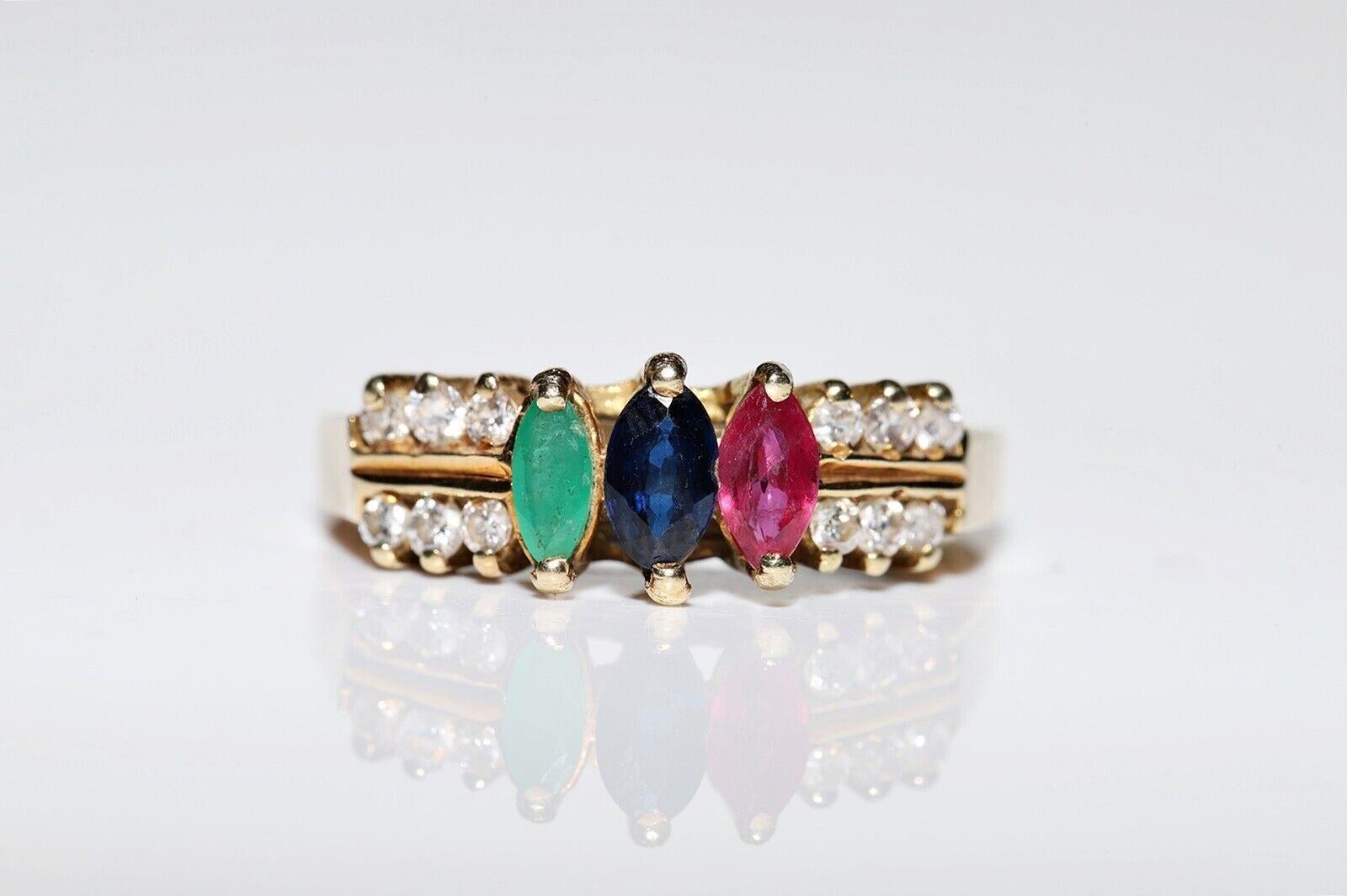 Vintage 14k Gold Natural Diamond And Sapphire And Ruby And Emerald Ring For Sale 2