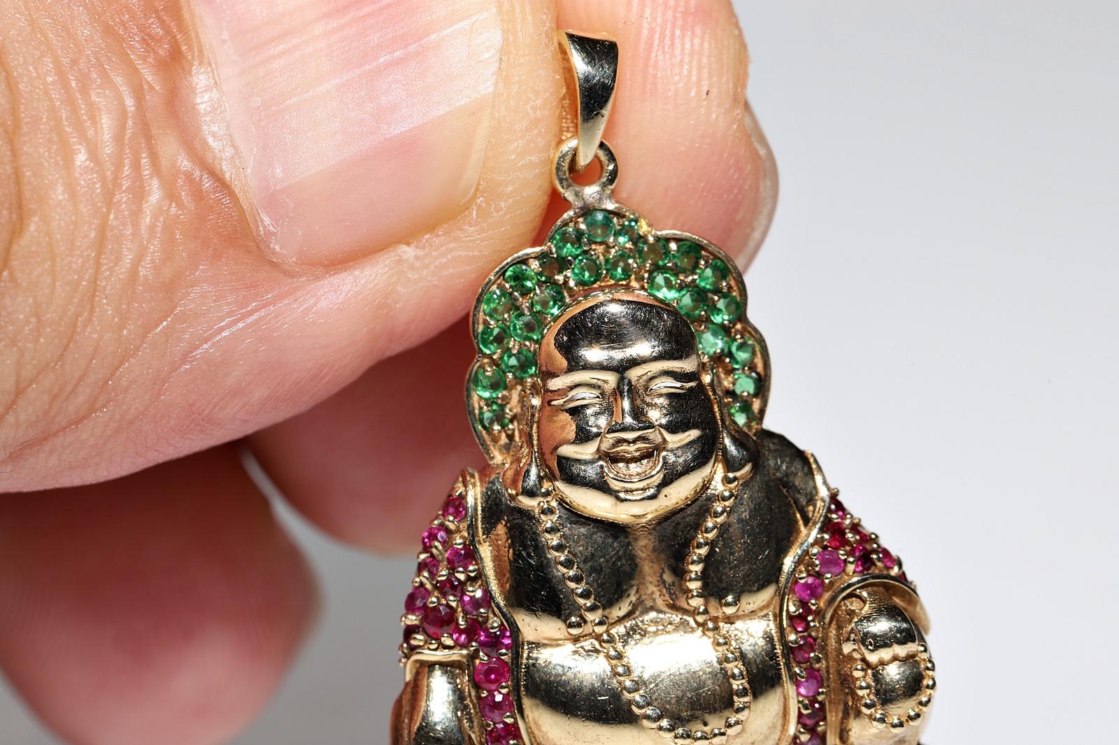 Women's or Men's Vintage 14k Gold Natural Diamond And Tourmaline And Ruby   Buddha Pendant