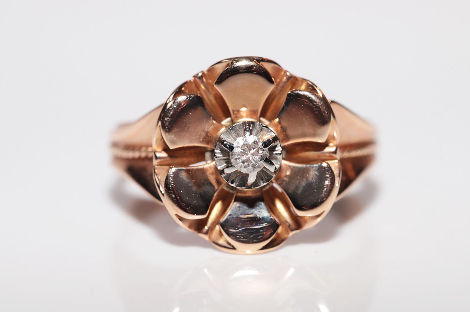 Vintage Solitär-Ring, 14 Karat Gold, natürlicher Diamant, dekoriert (Brillantschliff) im Angebot