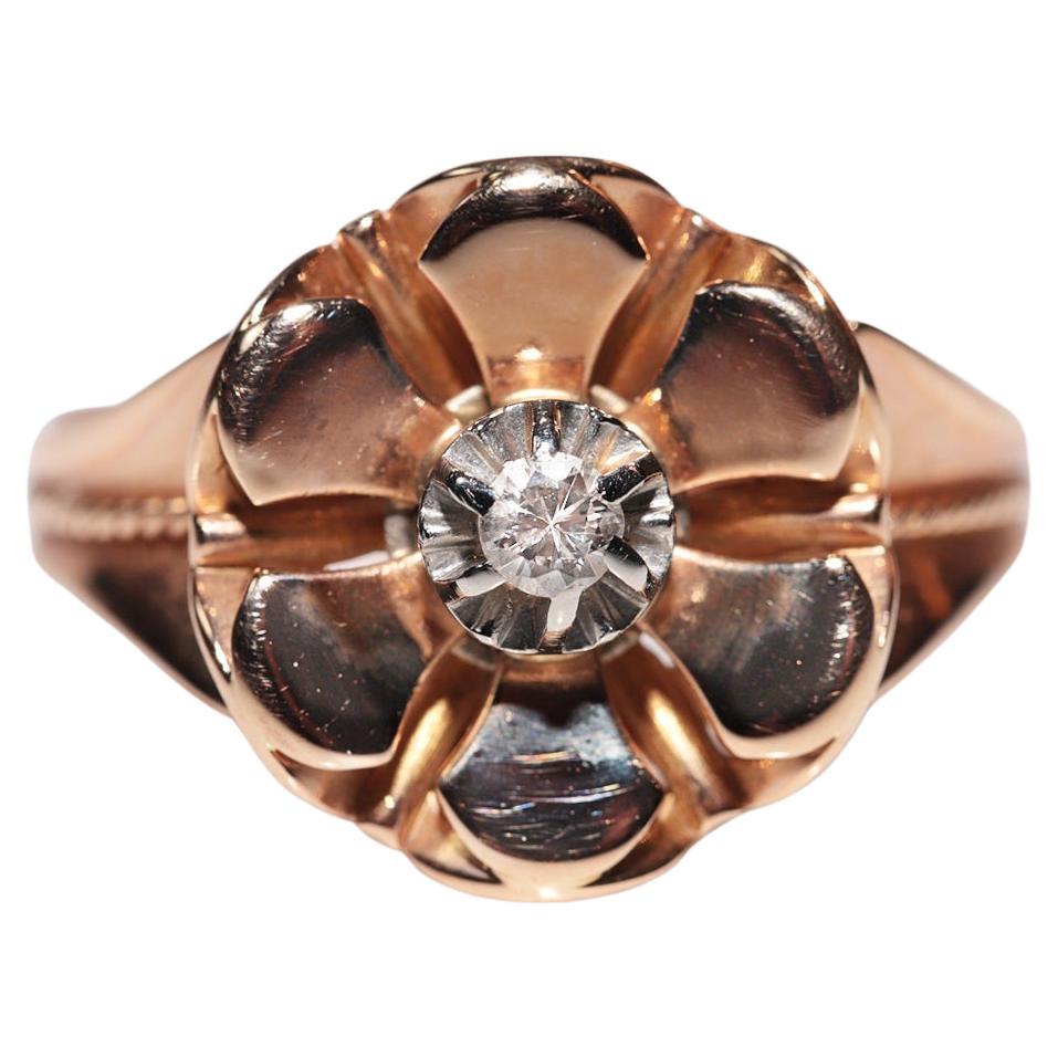 Anello solitario decorato con diamanti naturali in oro 14k vintage