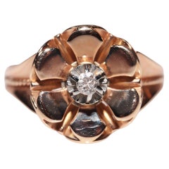 Anello solitario decorato con diamanti naturali in oro 14k vintage