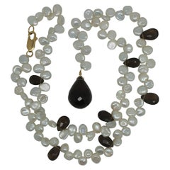 Vintage 14k Gold Natural Freshwater Pearl Faceted Smokey Quartz Necklace