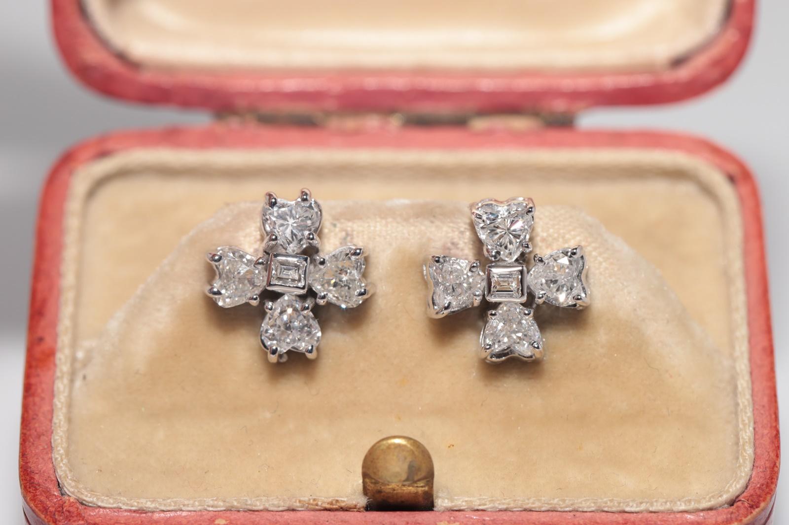 Vintage 14k Gold natürliches Herz und Baguetteschliff Diamant Ohrstecker (Retro) im Angebot