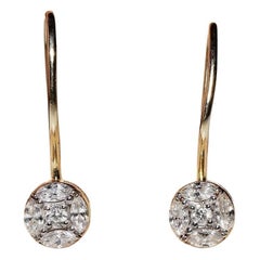 Pendiente de cóctel vintage de oro de 14k decorado con diamantes talla marquesa natural