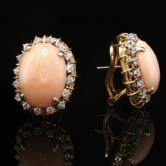 Vintage 14K Gold Natural Pink Coral & Diamond Halo Omega Back Earrings